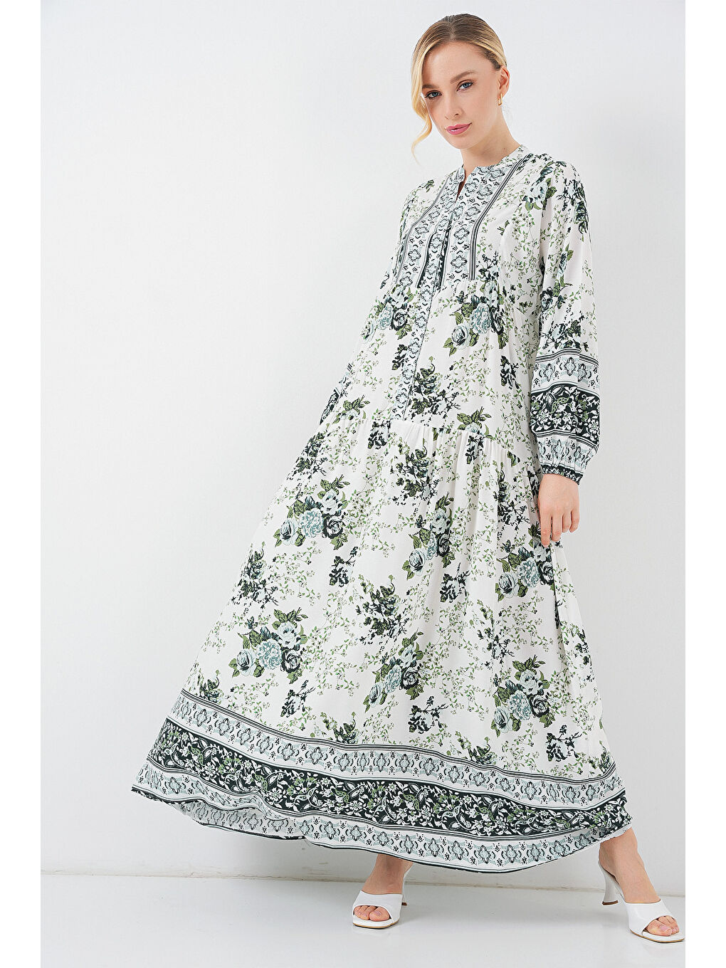 Kadın Yeşil Beyaz Lacivert Viskon Tesettür Elbise 2423