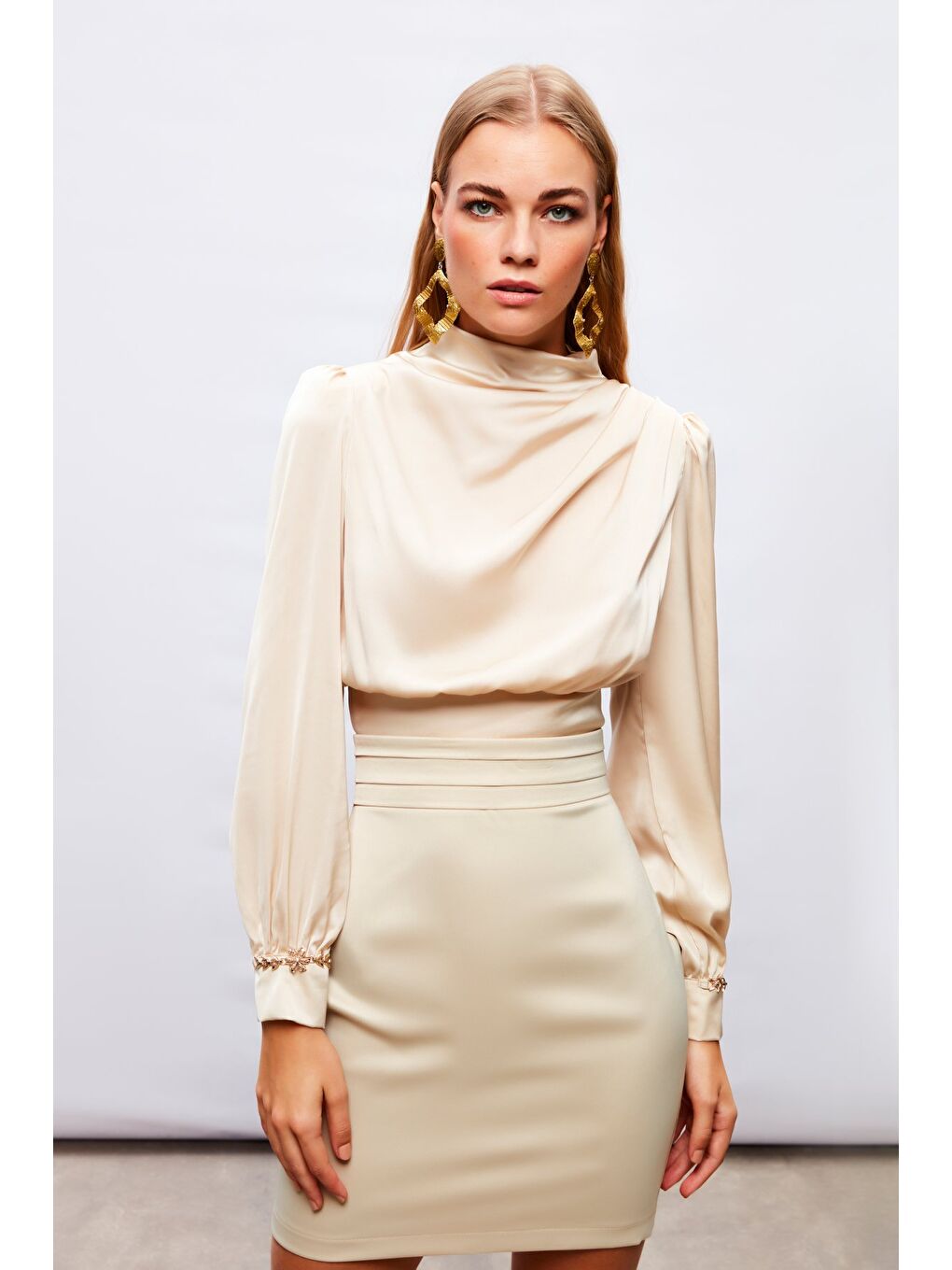SATEEN Bel Detaylı Mini Saten Etek - Bej - 5