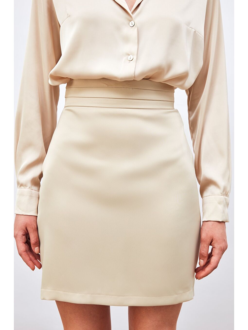SATEEN Bel Detaylı Mini Saten Etek - Bej - 6