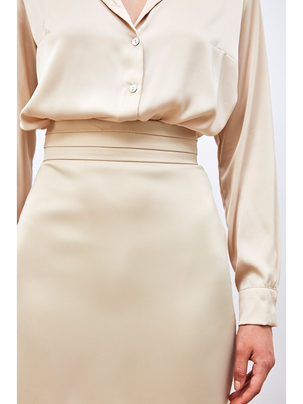 SATEEN Bel Detaylı Mini Saten Etek - Bej - 7