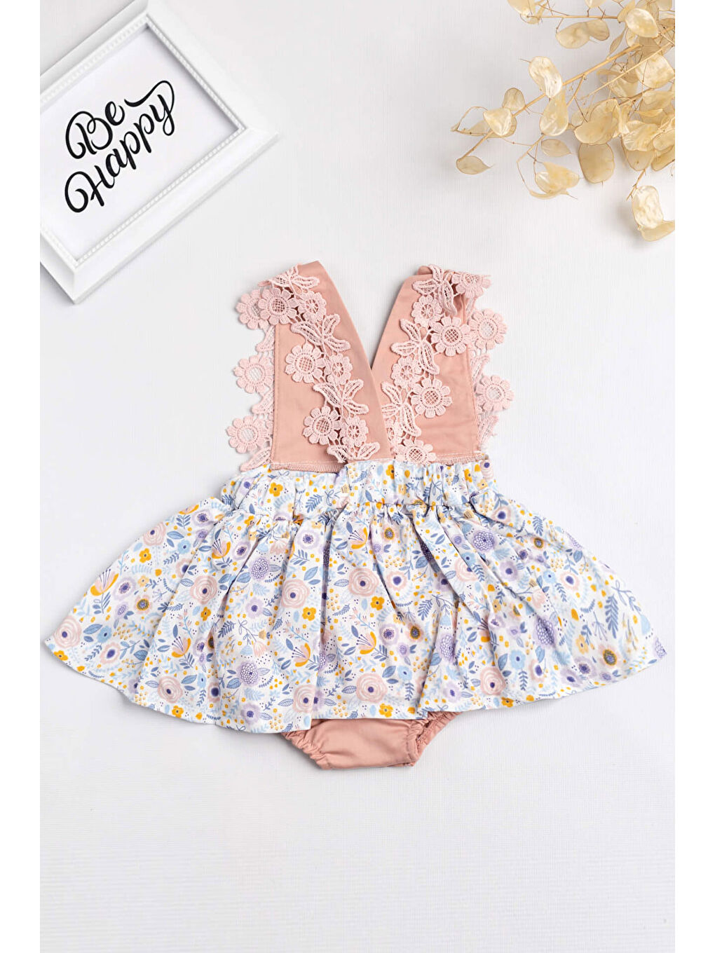 Pembe Gülkurusu  Omuzları Dantelli Bebek Romper - Maria-3