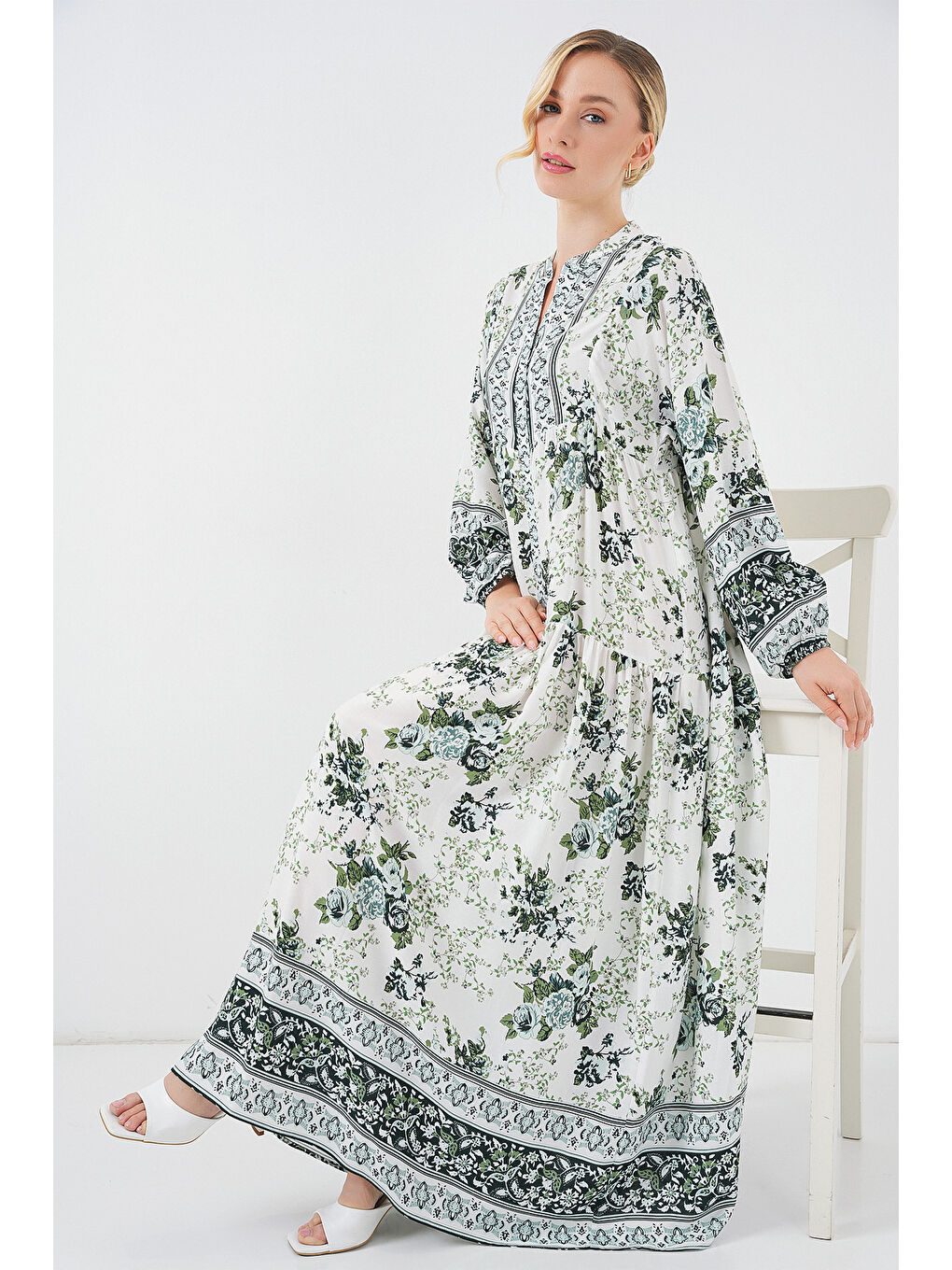 Kadın Yeşil Beyaz Lacivert Viskon Tesettür Elbise 2423-1