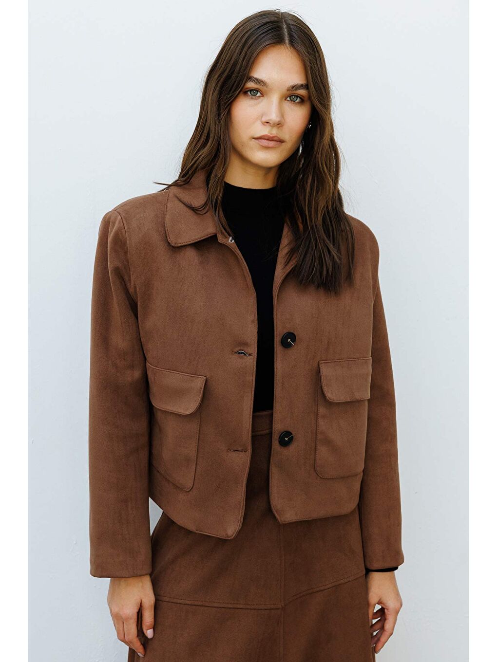 Kahverengi Süet Deri Midi Boy Kahve Ceket