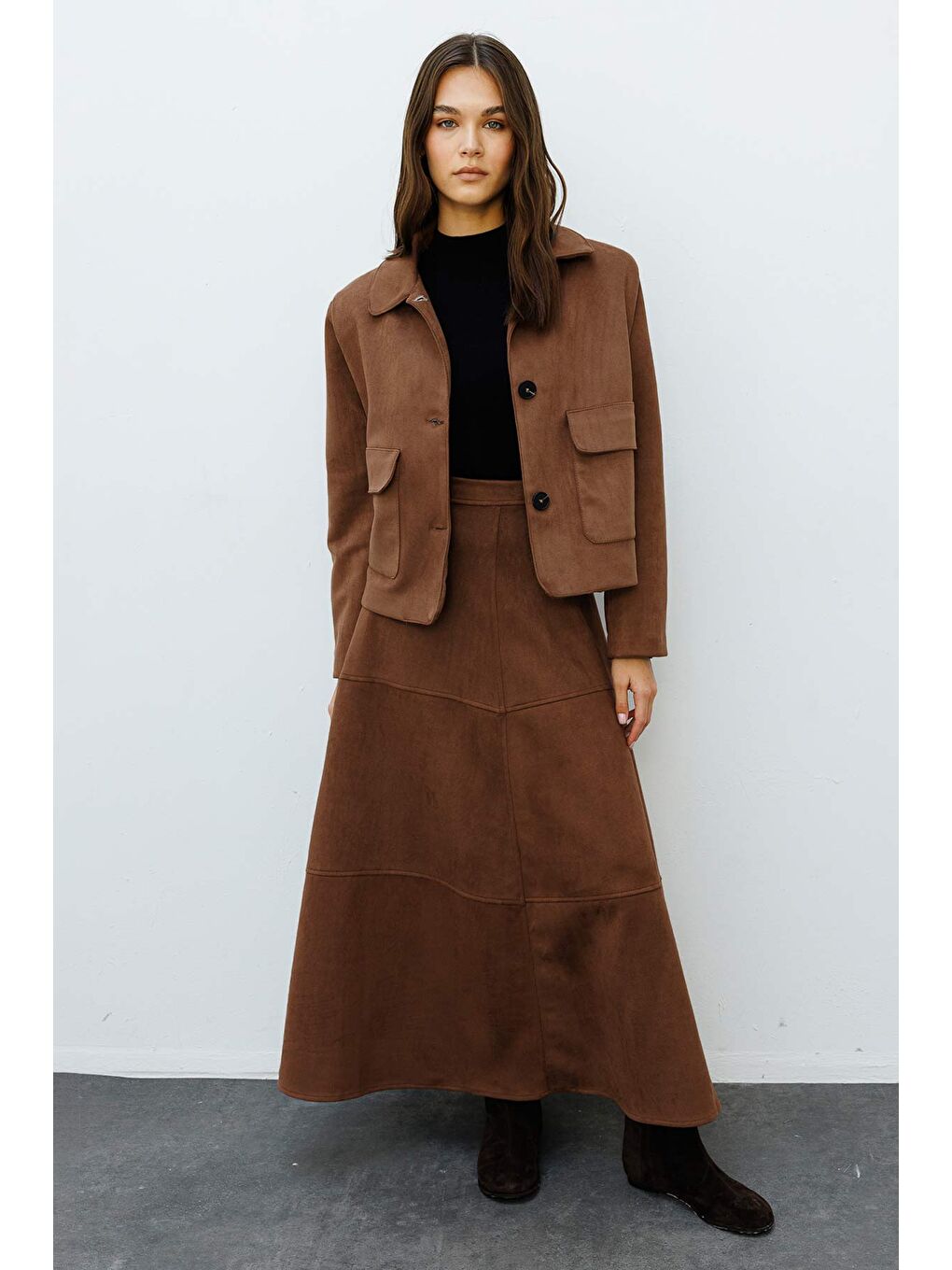 Kahverengi Süet Deri Midi Boy Kahve Ceket-1