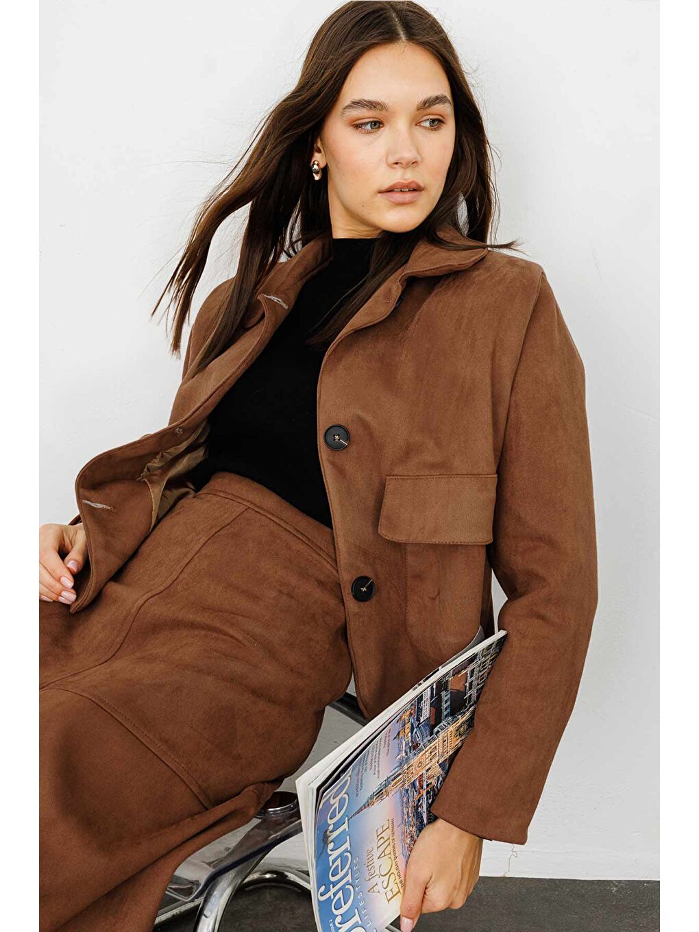 Kahverengi Süet Deri Midi Boy Kahve Ceket-2