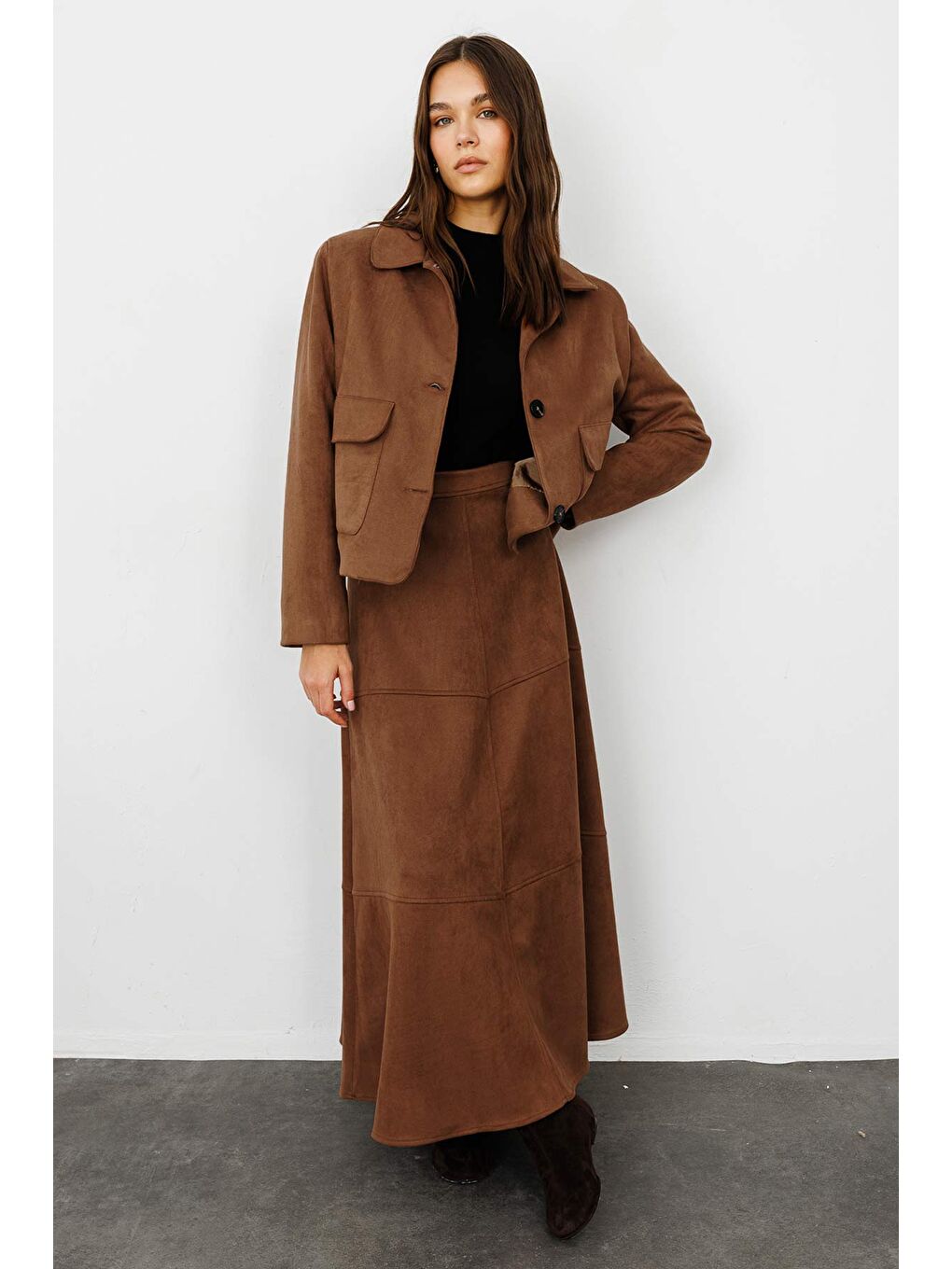 Kahverengi Süet Deri Midi Boy Kahve Ceket-3