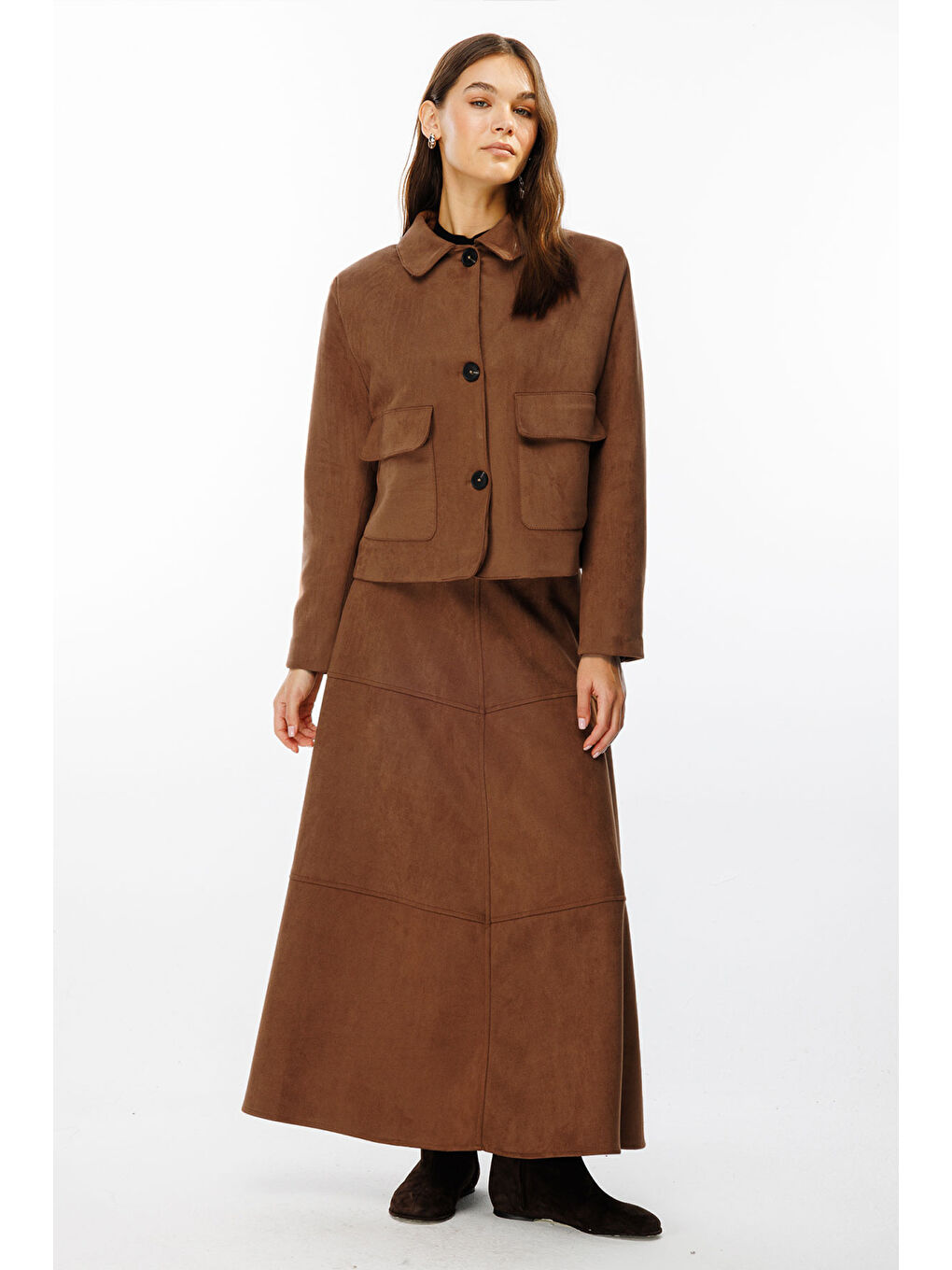Kahverengi Süet Deri Midi Boy Kahve Ceket-4