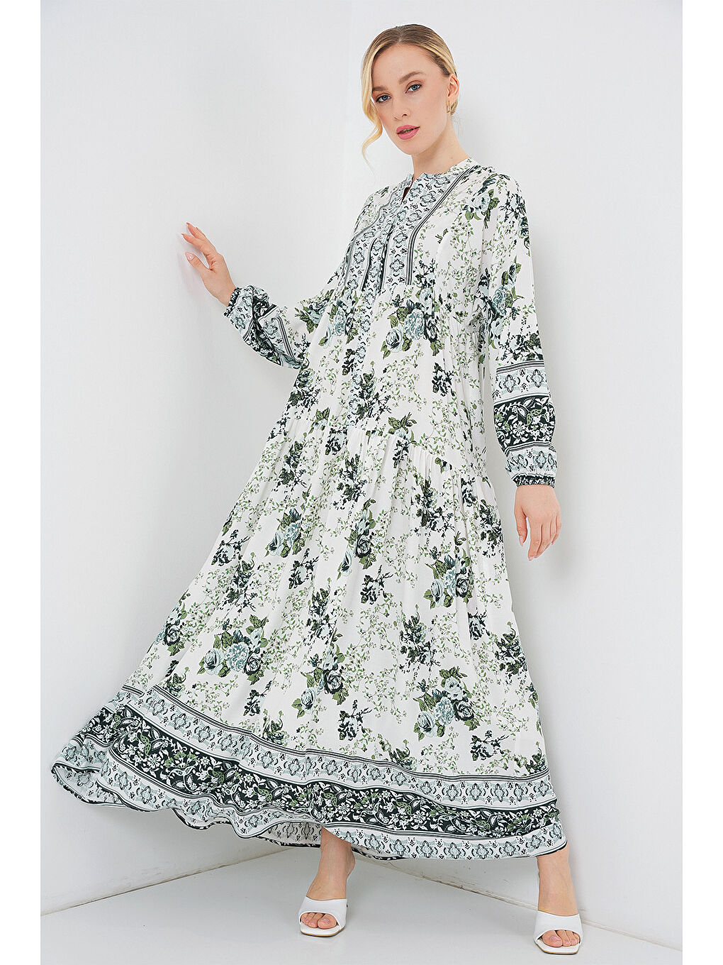 Kadın Yeşil Beyaz Lacivert Viskon Tesettür Elbise 2423-3