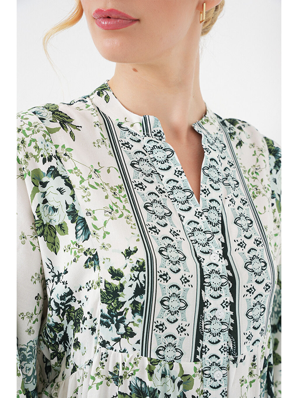 Kadın Yeşil Beyaz Lacivert Viskon Tesettür Elbise 2423-4