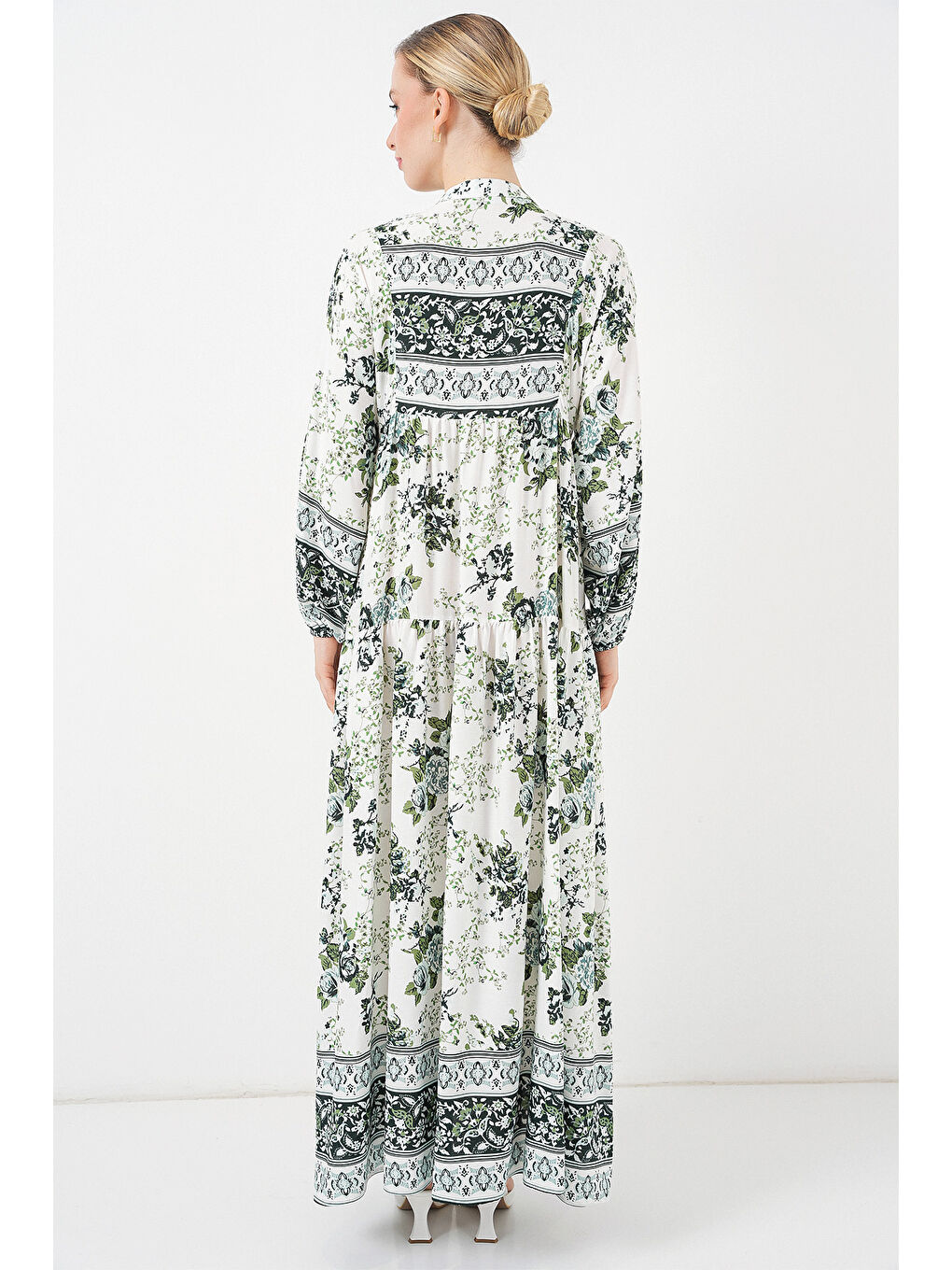 Kadın Yeşil Beyaz Lacivert Viskon Tesettür Elbise 2423-5