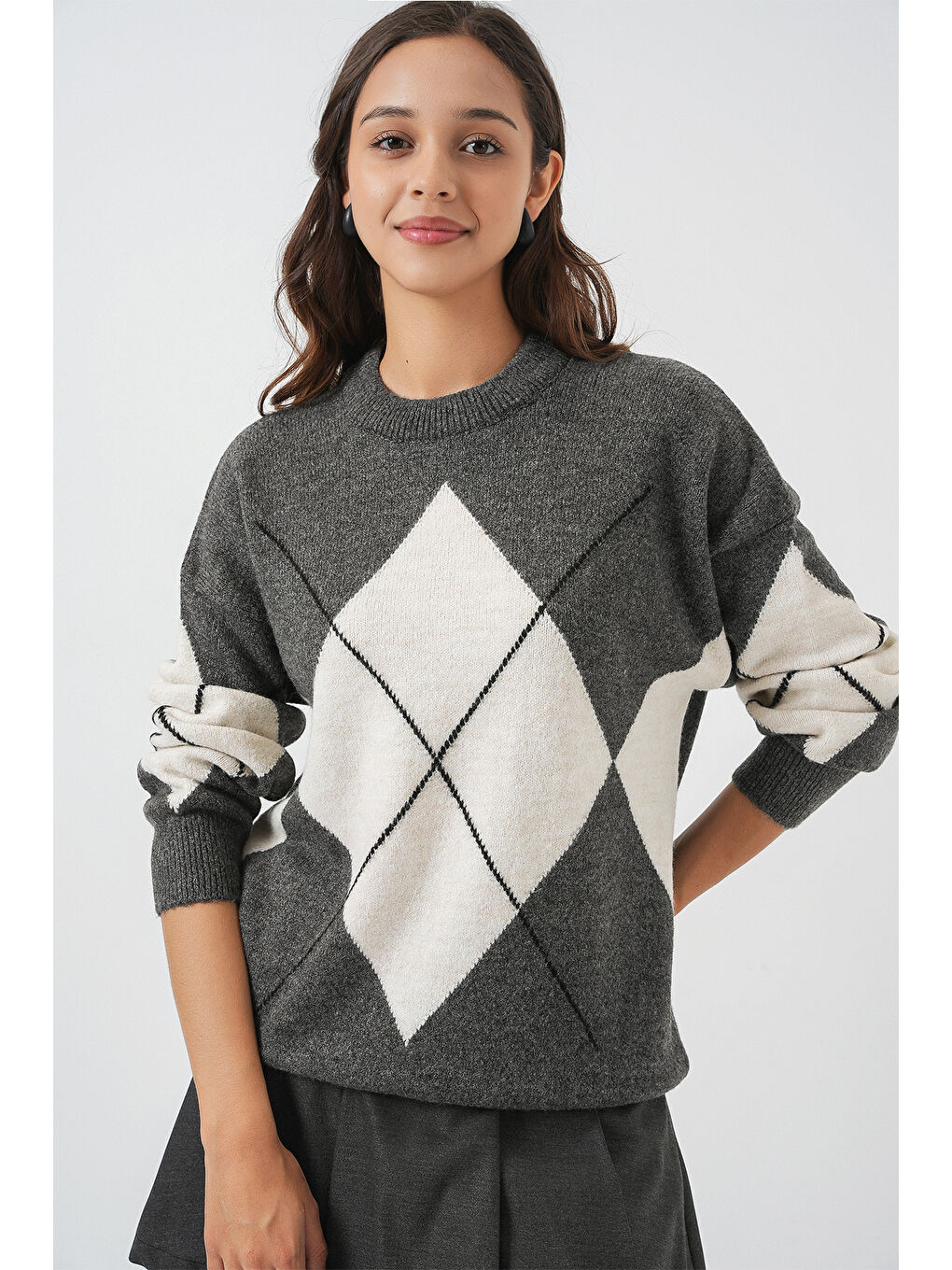 15895 Baklava Desenli Oversize Triko Kazak - Antrasit