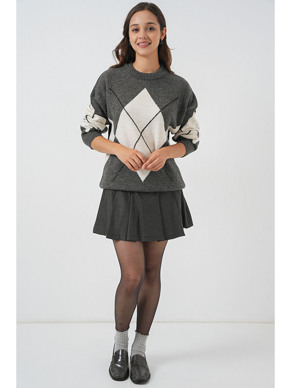 15895 Baklava Desenli Oversize Triko Kazak - Antrasit-1