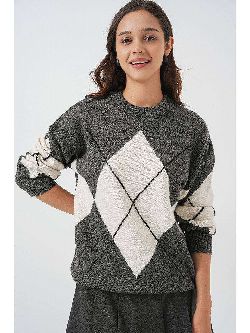 15895 Baklava Desenli Oversize Triko Kazak - Antrasit-2