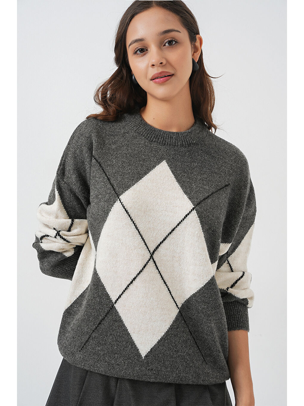 15895 Baklava Desenli Oversize Triko Kazak - Antrasit-3