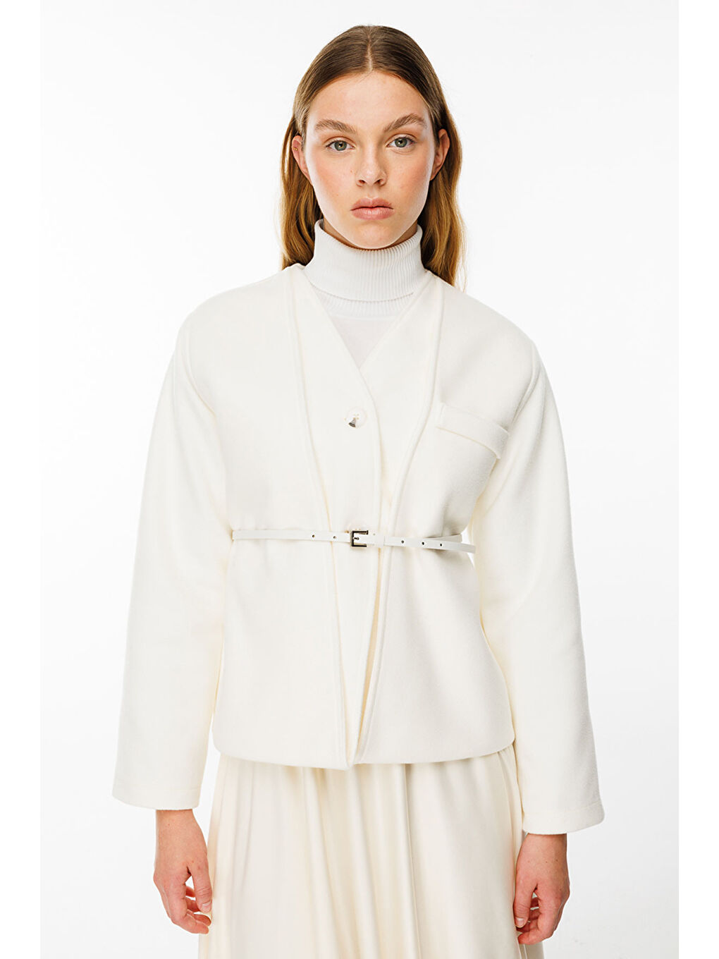 Trocape Yakasız Ekru Kaşe Ceket-1