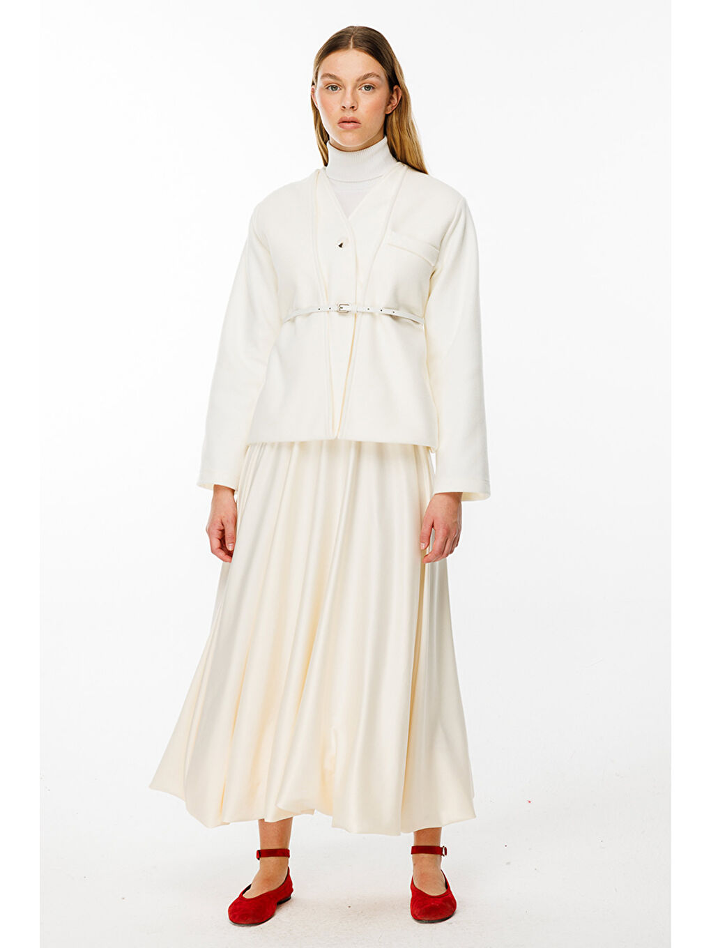 Trocape Yakasız Ekru Kaşe Ceket-2