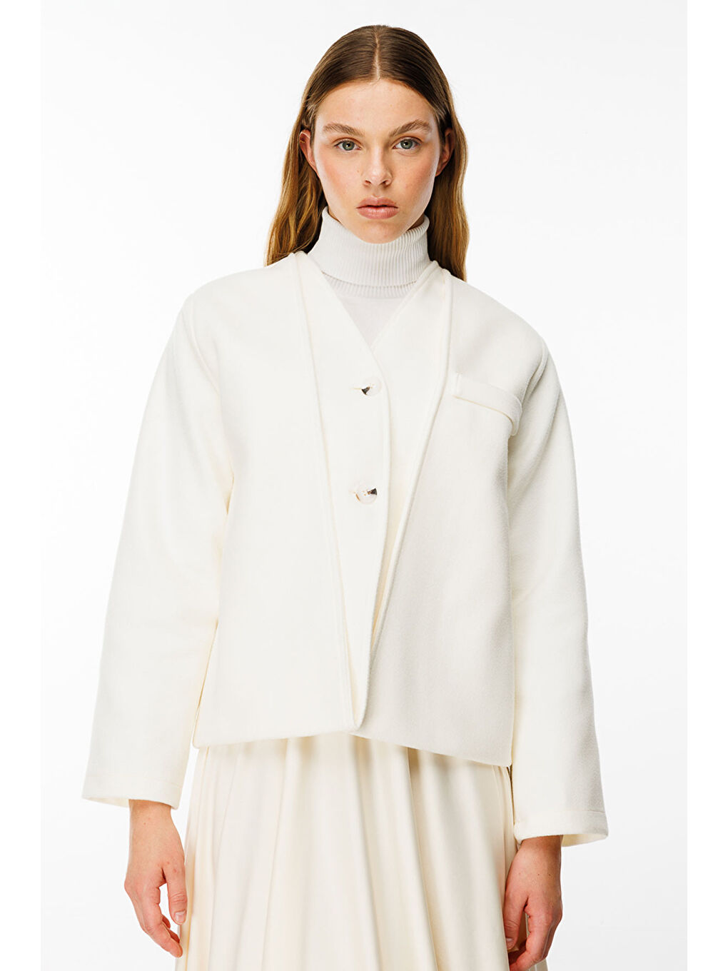 Trocape Yakasız Ekru Kaşe Ceket-3