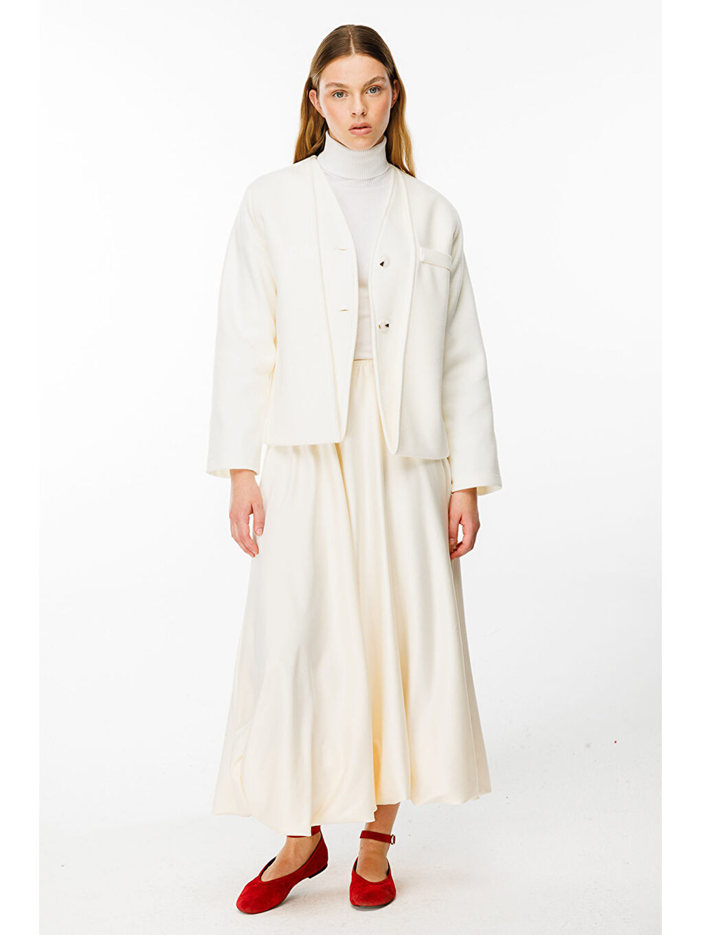 Trocape Yakasız Ekru Kaşe Ceket-4