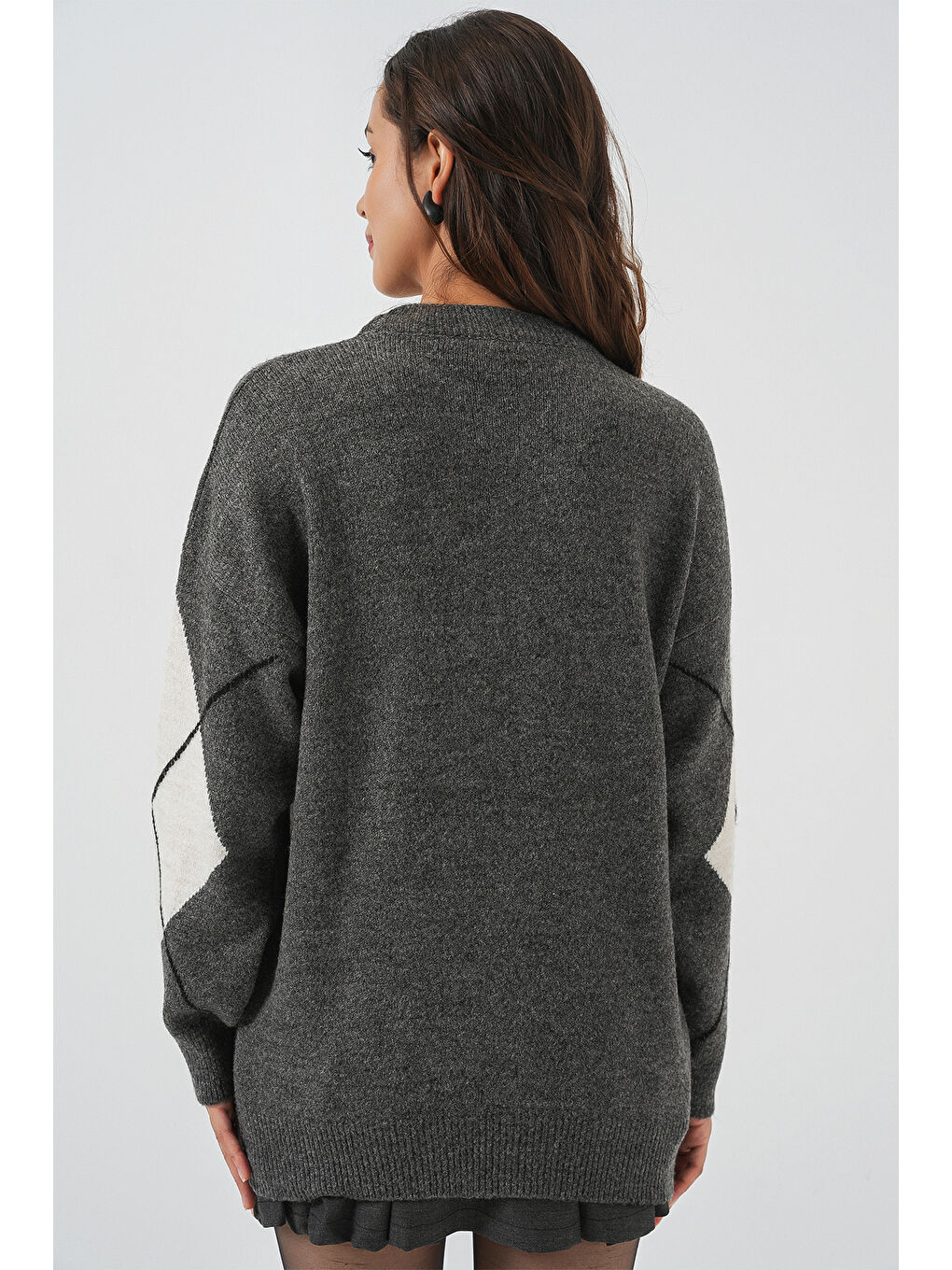 15895 Baklava Desenli Oversize Triko Kazak - Antrasit-5