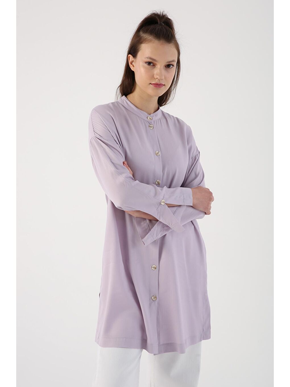 Açık Lila Hakim Yaka Yırtmaçlı Viskon Gömlek Tunik