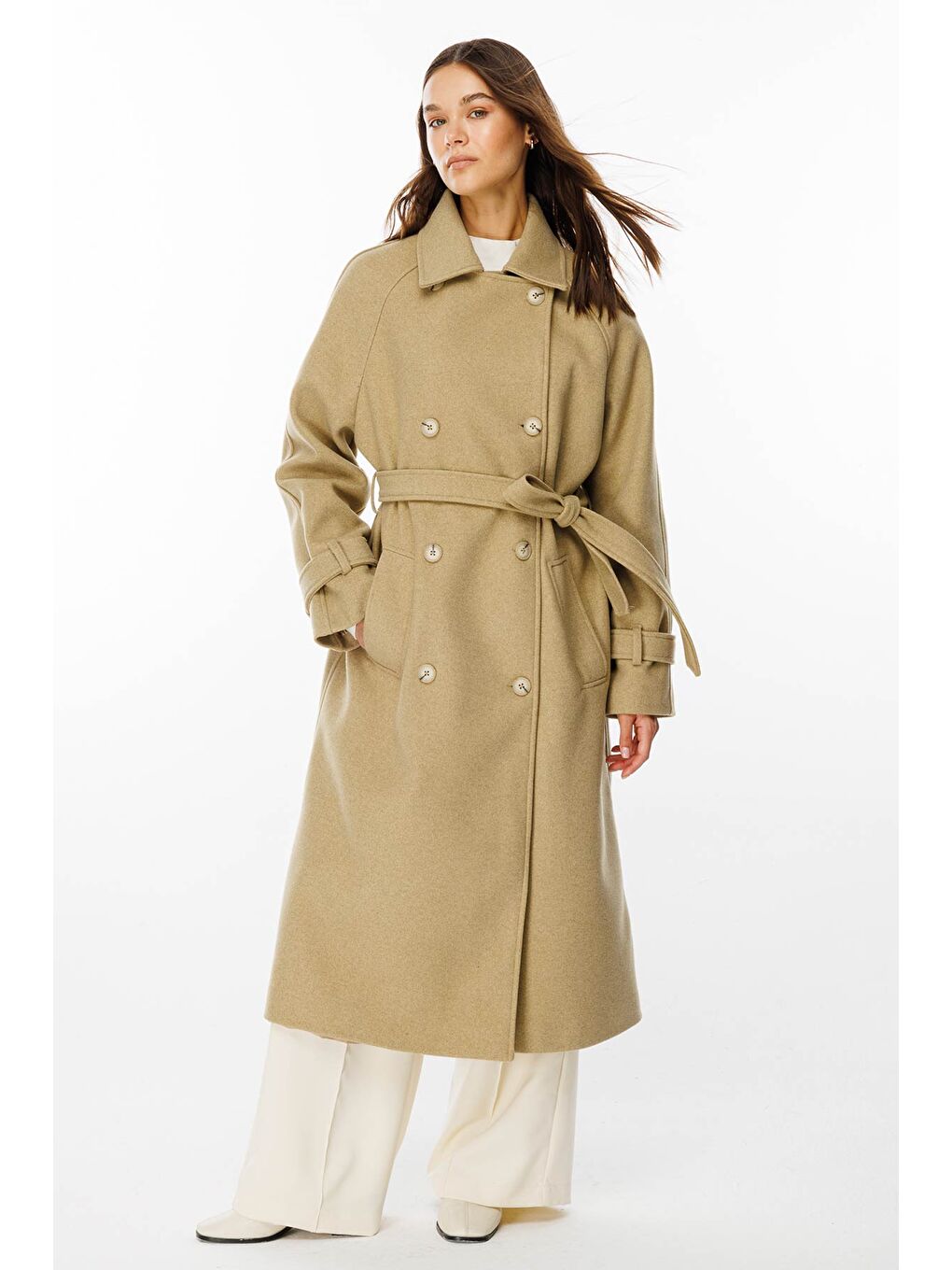 Bej Premium Kruvaze Olive Kaşe Kaban