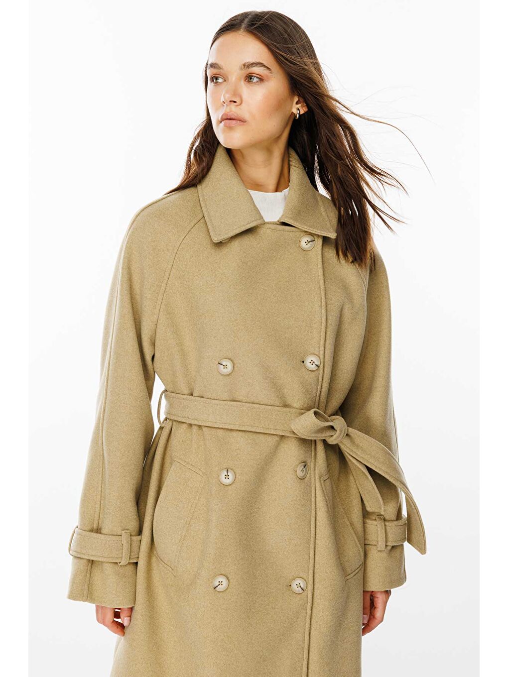 Bej Premium Kruvaze Olive Kaşe Kaban-1