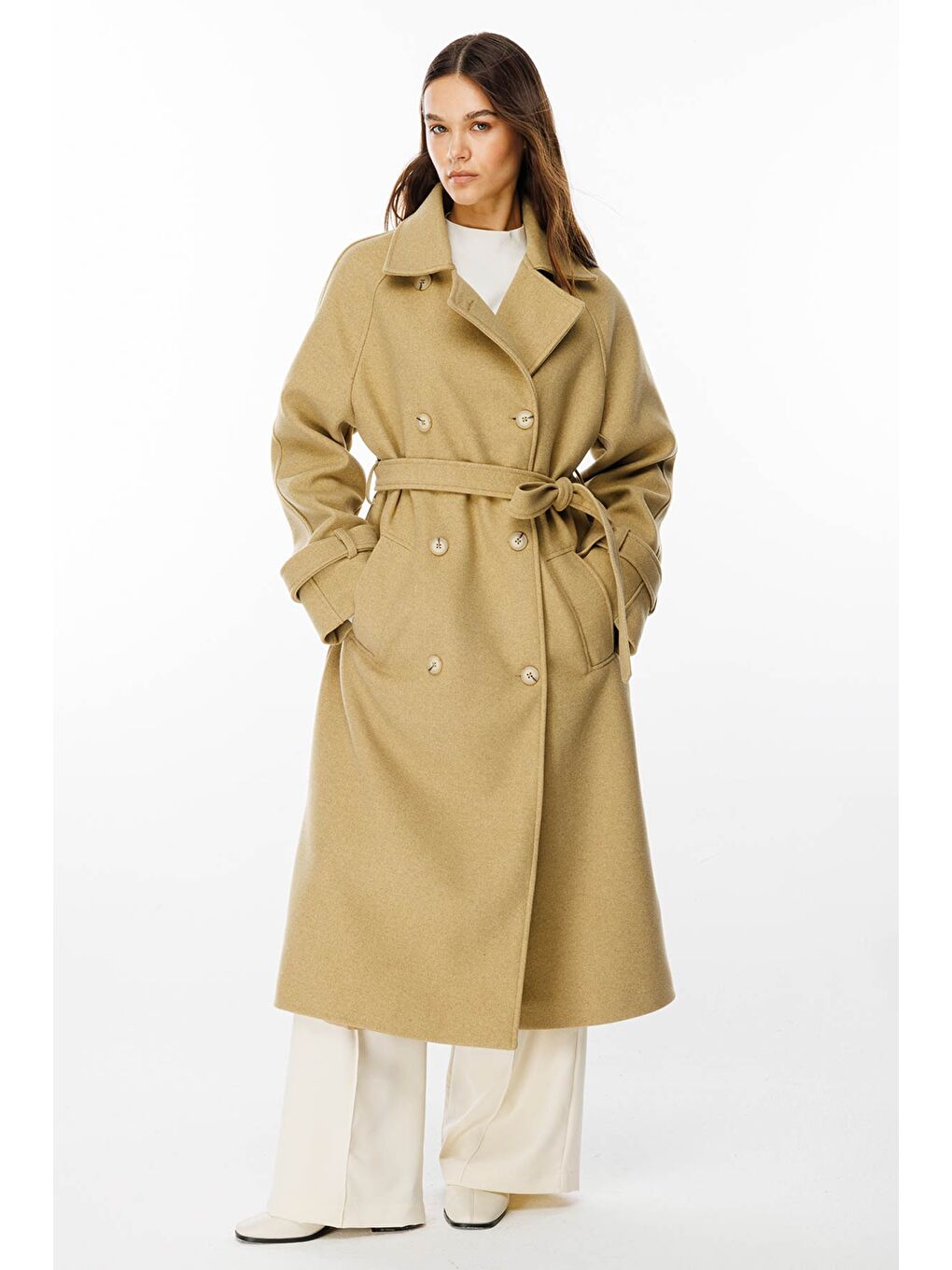 Bej Premium Kruvaze Olive Kaşe Kaban-2