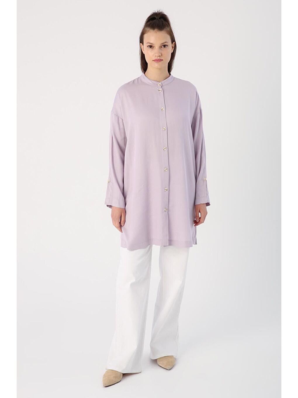 Açık Lila Hakim Yaka Yırtmaçlı Viskon Gömlek Tunik-1