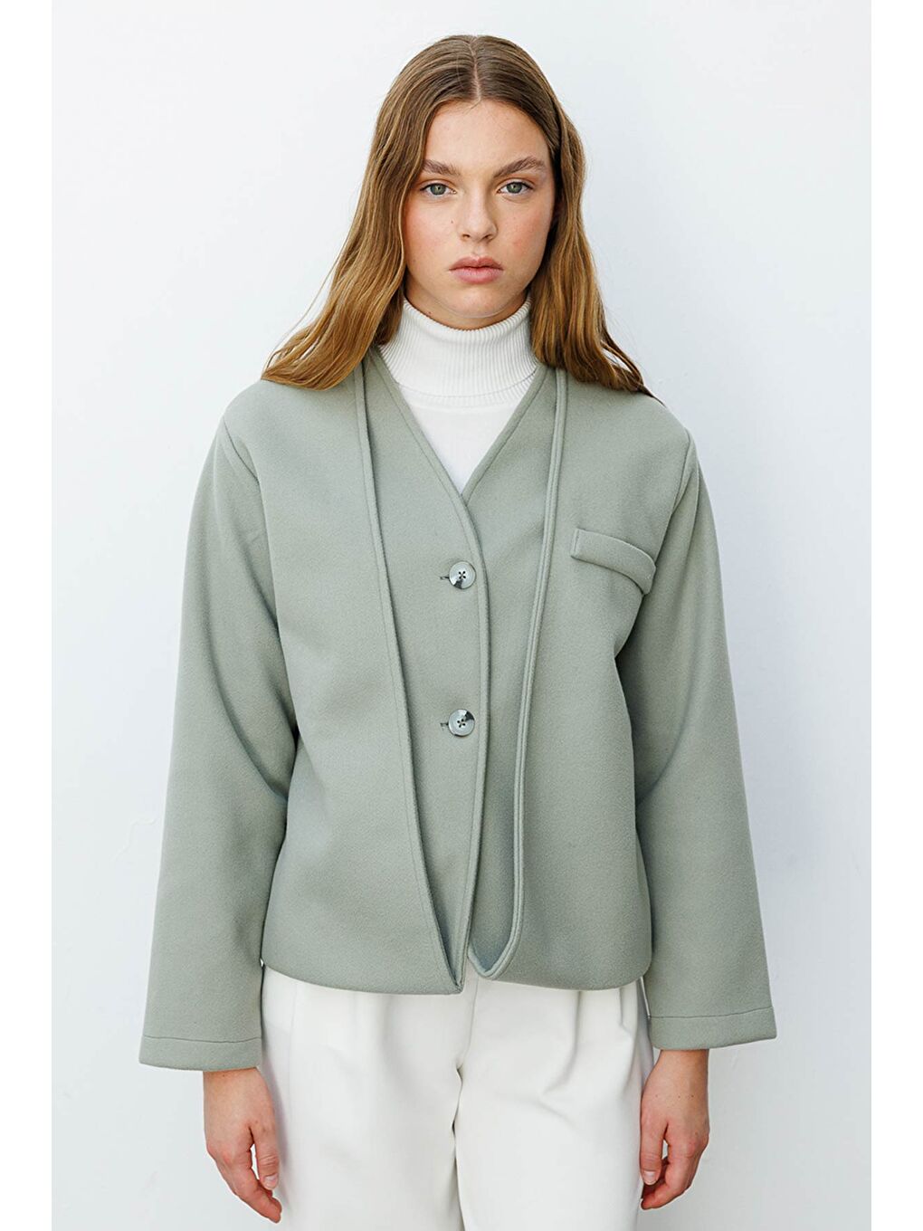 Yeşil Trocape Yakasız Çağla Kaşe Ceket
