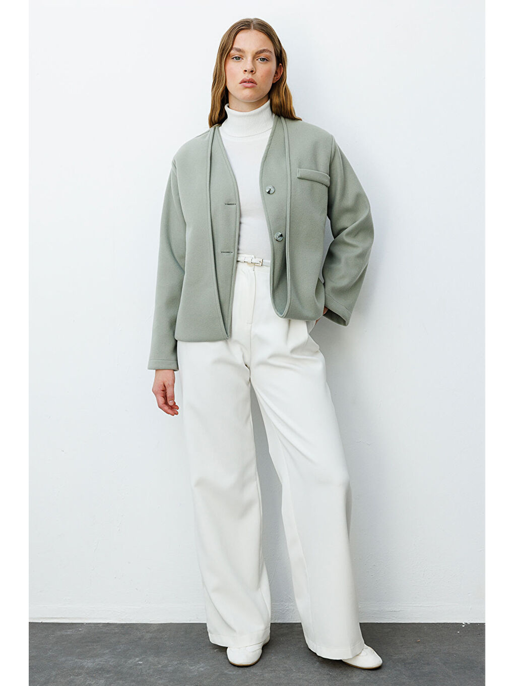 Yeşil Trocape Yakasız Çağla Kaşe Ceket-1