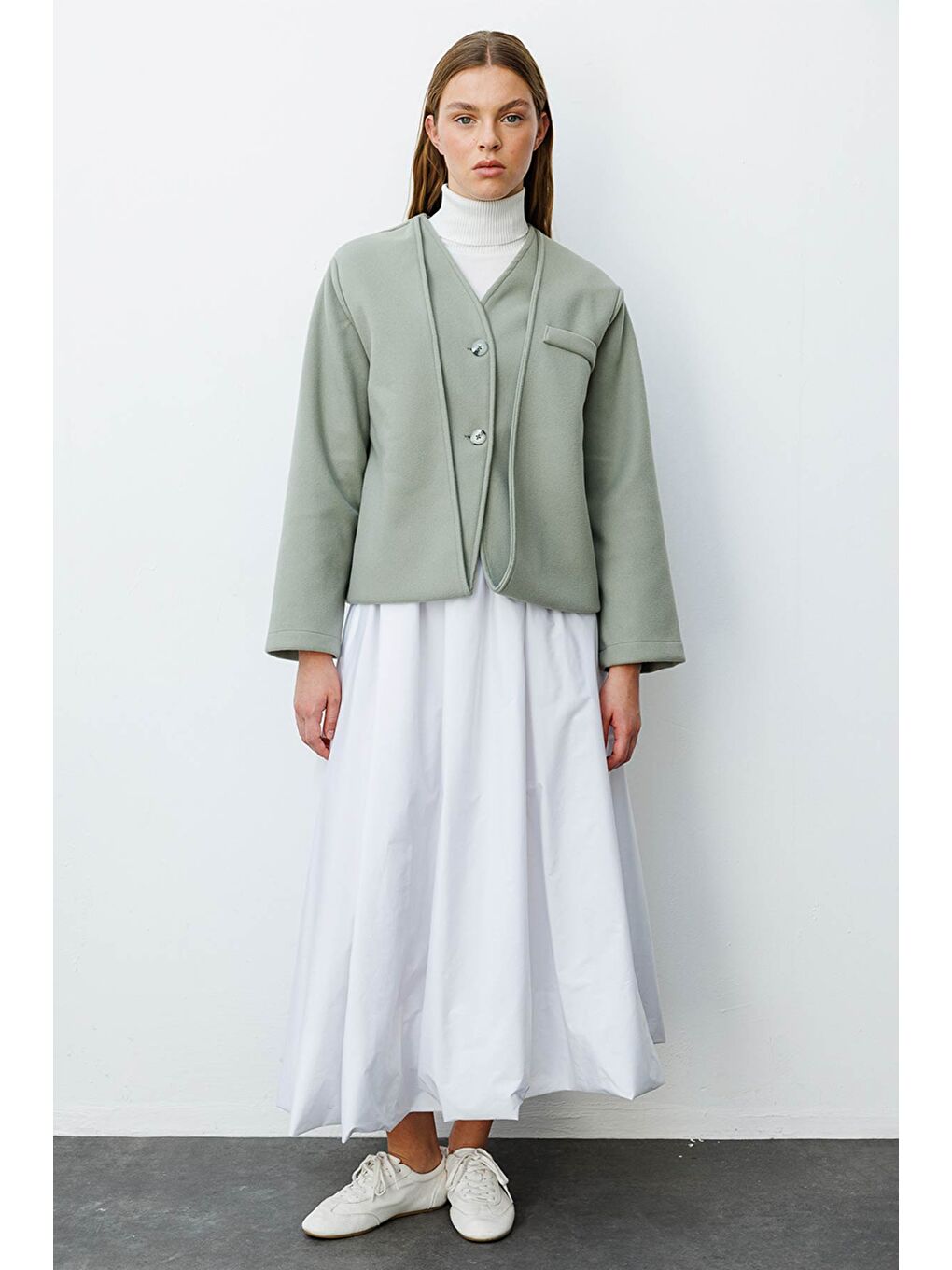 Yeşil Trocape Yakasız Çağla Kaşe Ceket-2