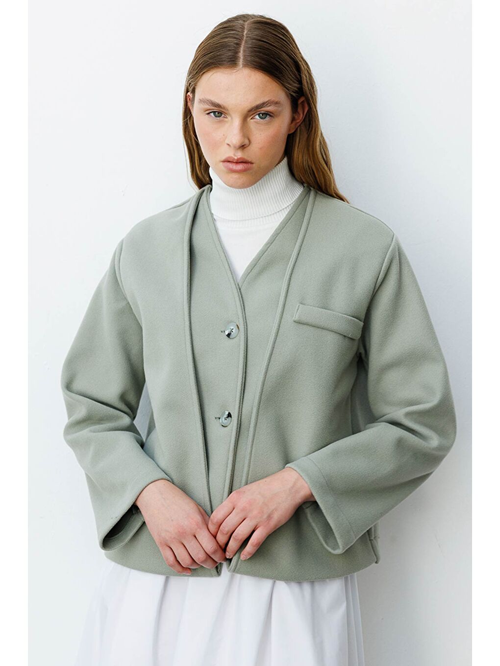 Yeşil Trocape Yakasız Çağla Kaşe Ceket-3