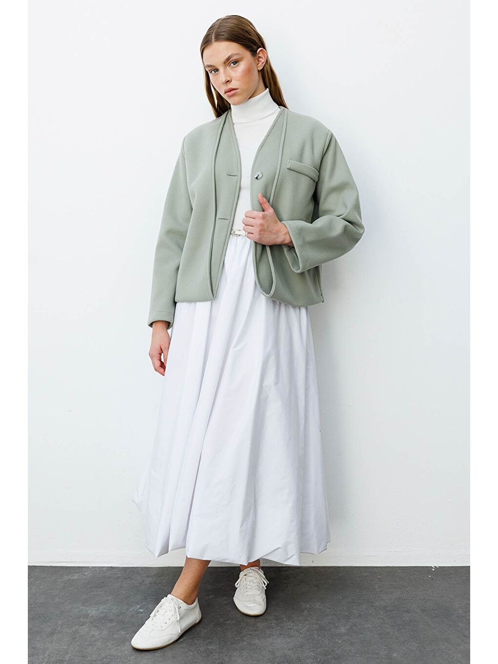 Yeşil Trocape Yakasız Çağla Kaşe Ceket-4