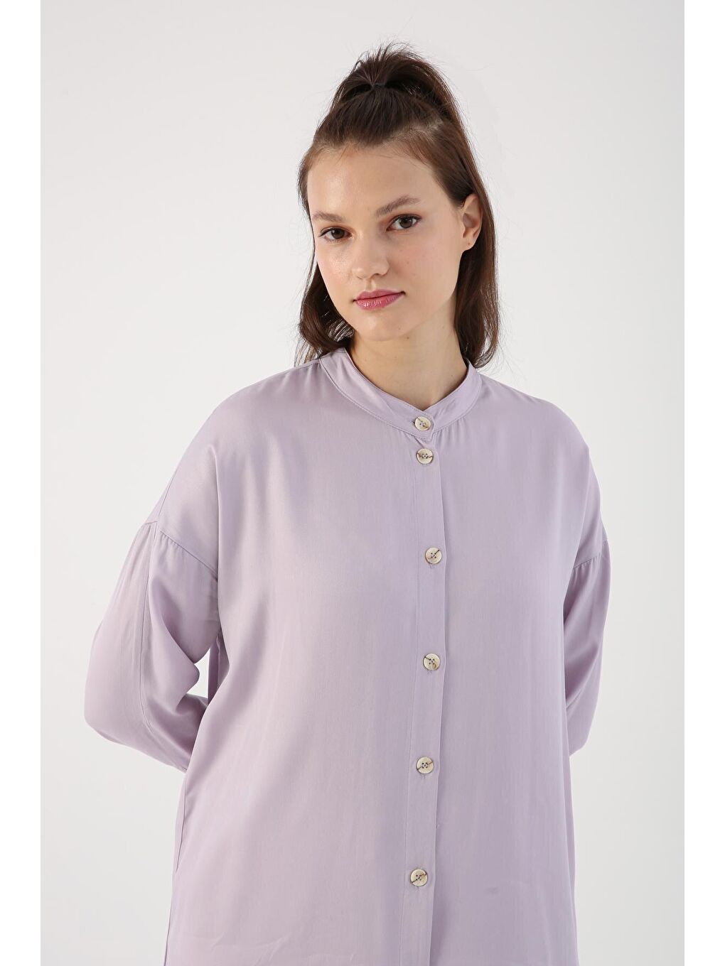 Açık Lila Hakim Yaka Yırtmaçlı Viskon Gömlek Tunik-4