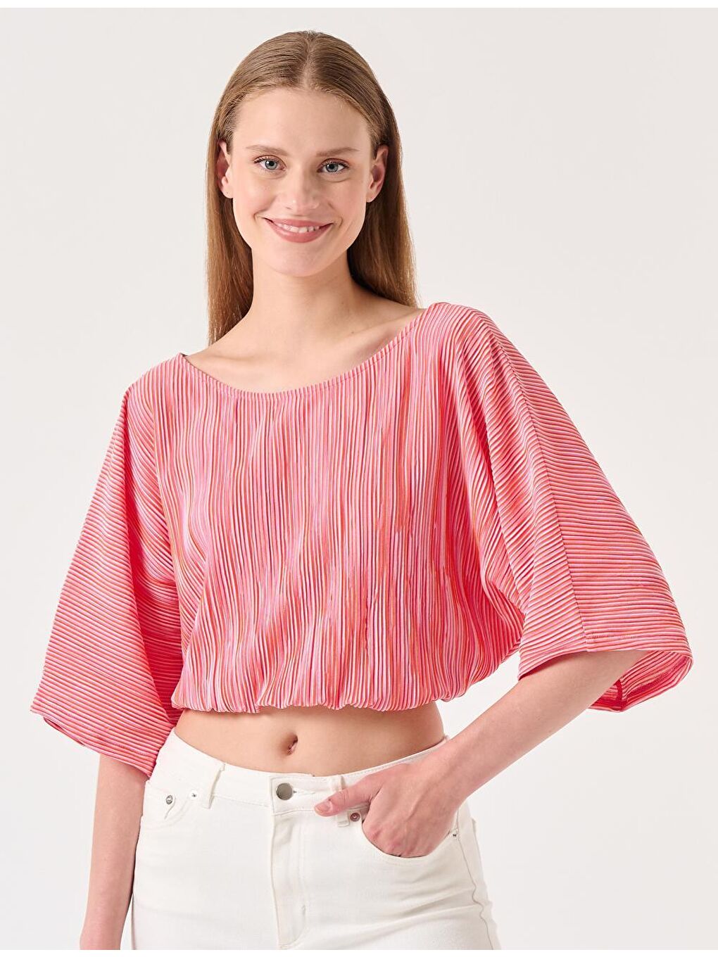 Kırmızı Sıfır Yaka Truvakar Kol Çizgili Bluz