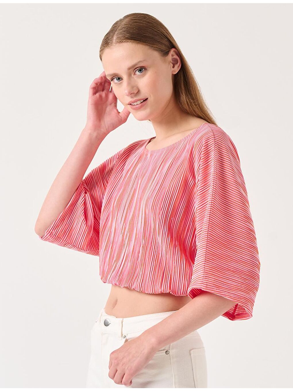 Kırmızı Sıfır Yaka Truvakar Kol Çizgili Bluz-2
