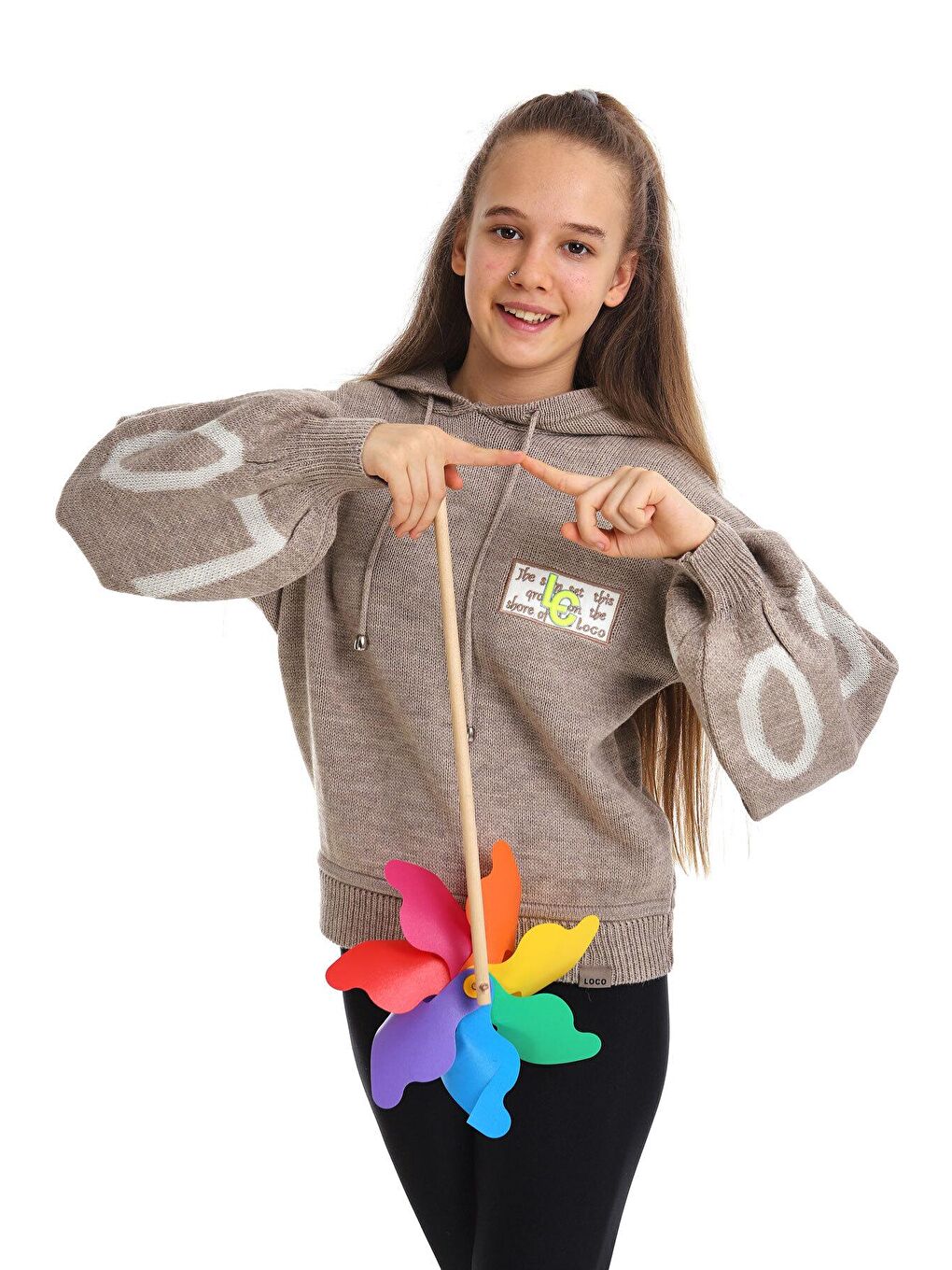 Kahverengi Kız Çocuk Yazı Nakışlı Yün Örme Triko Sweatshirt 14186