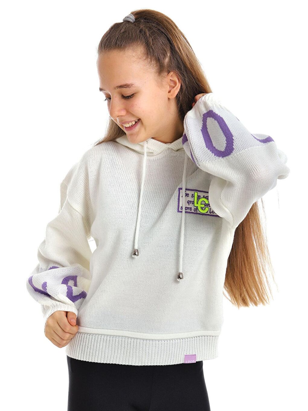 Beyaz Kız Çocuk Yazı Nakışlı Yün Örme Triko Sweatshirt 14186