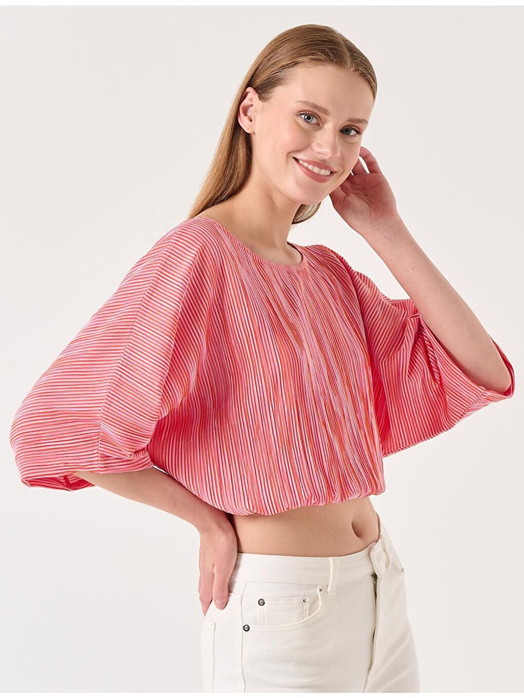 Kırmızı Sıfır Yaka Truvakar Kol Çizgili Bluz-3