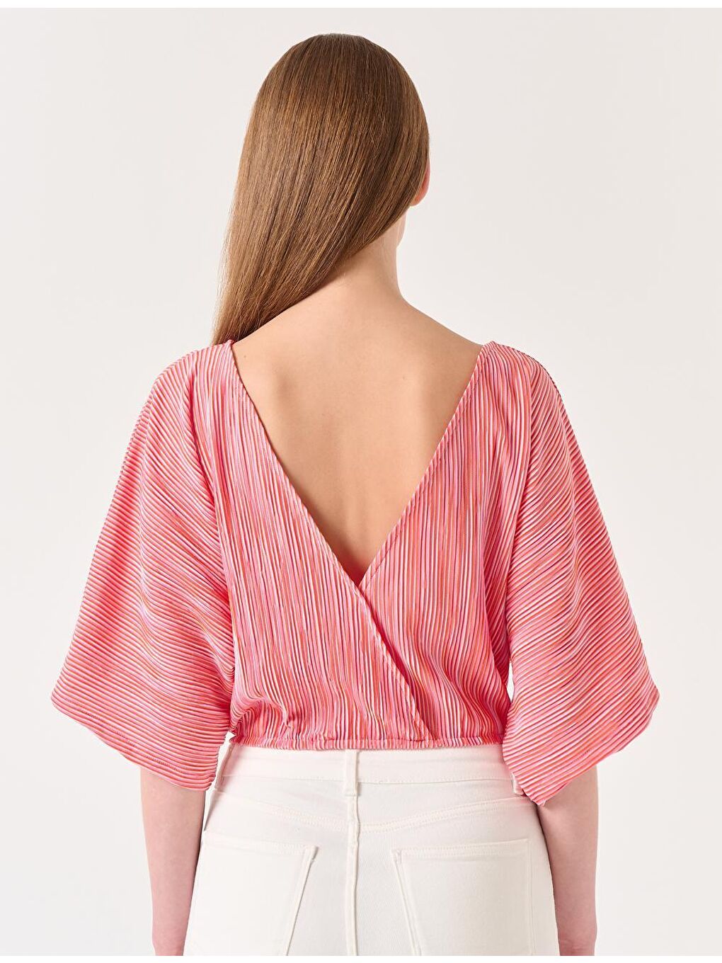 Kırmızı Sıfır Yaka Truvakar Kol Çizgili Bluz-4