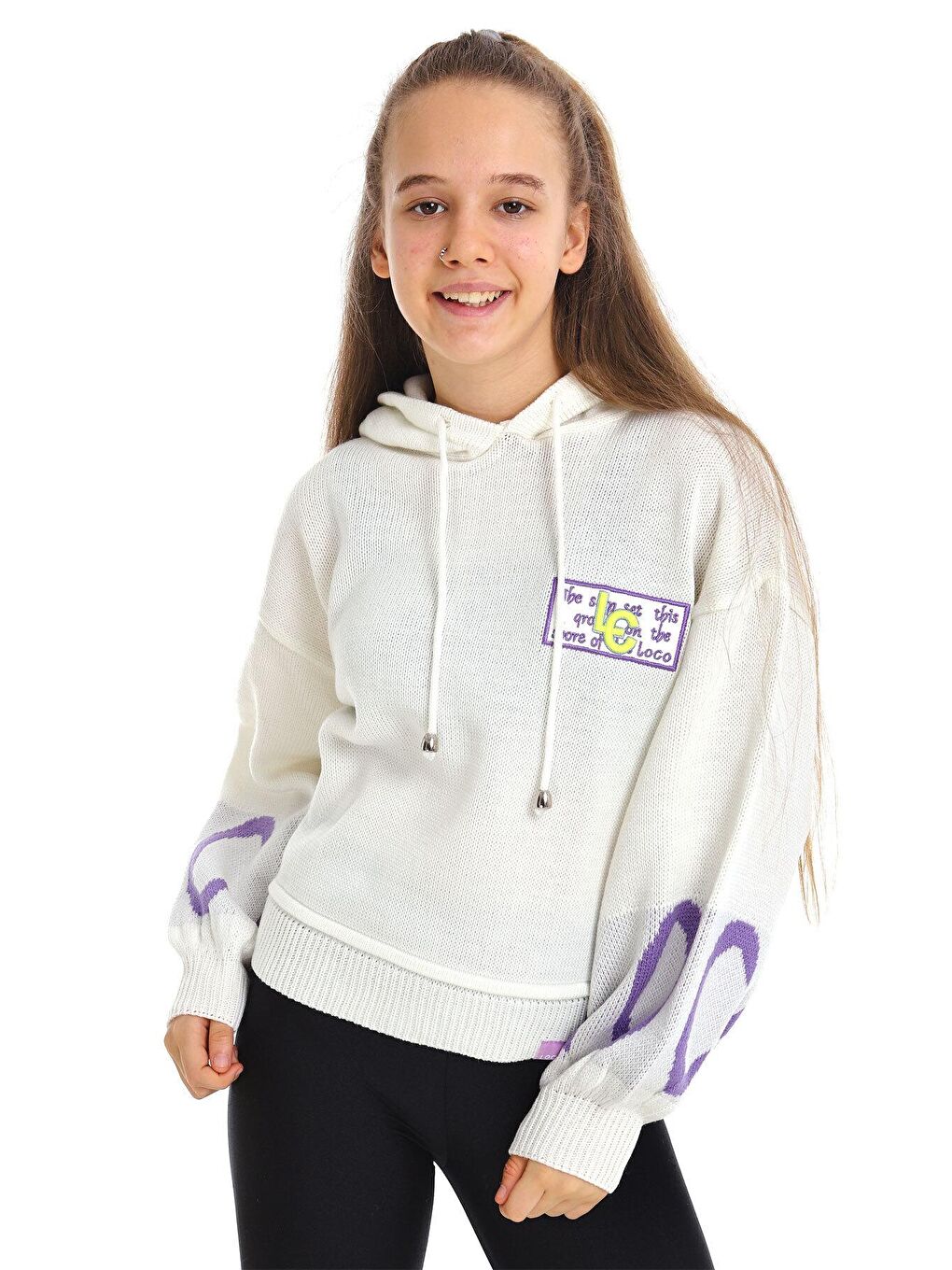 Beyaz Kız Çocuk Yazı Nakışlı Yün Örme Triko Sweatshirt 14186-1