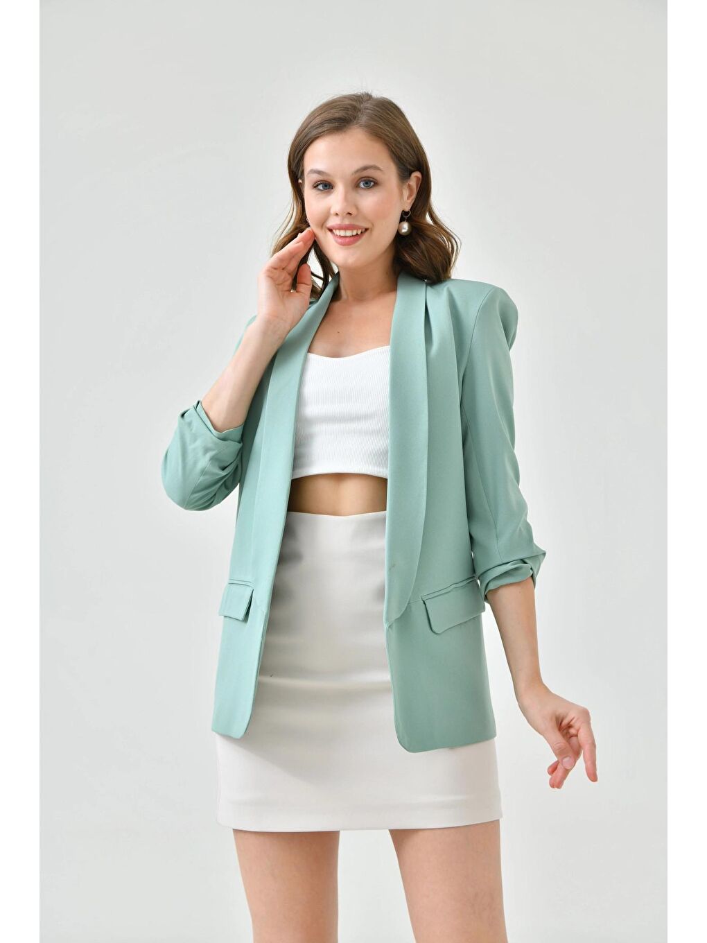 Turkuaz Kadın Mint Kol Büzgülü Blazer Ceket
