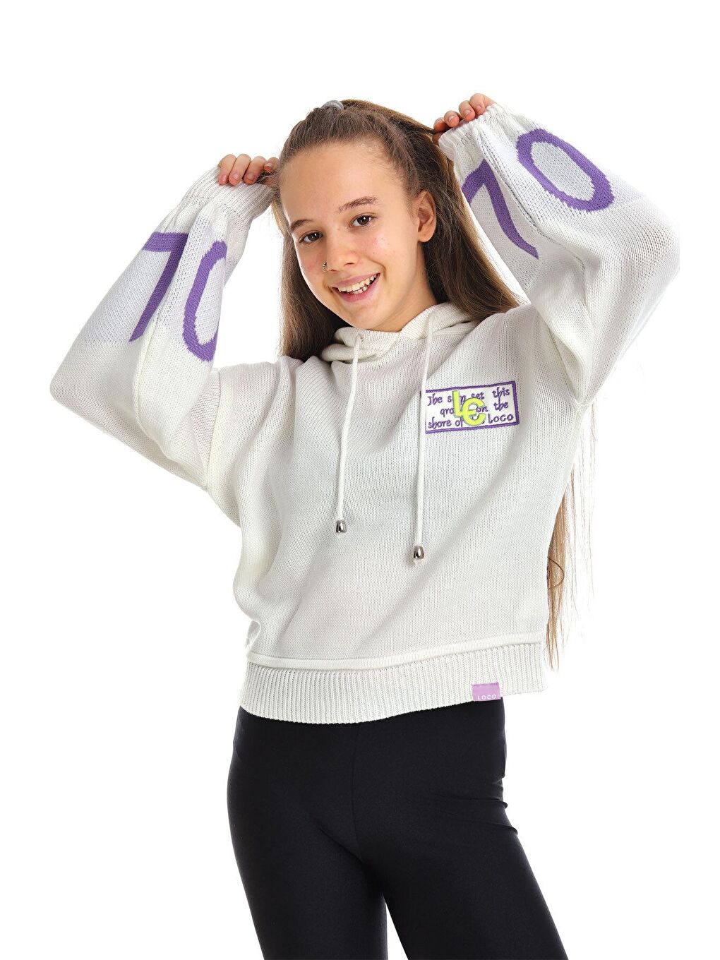 Beyaz Kız Çocuk Yazı Nakışlı Yün Örme Triko Sweatshirt 14186-2