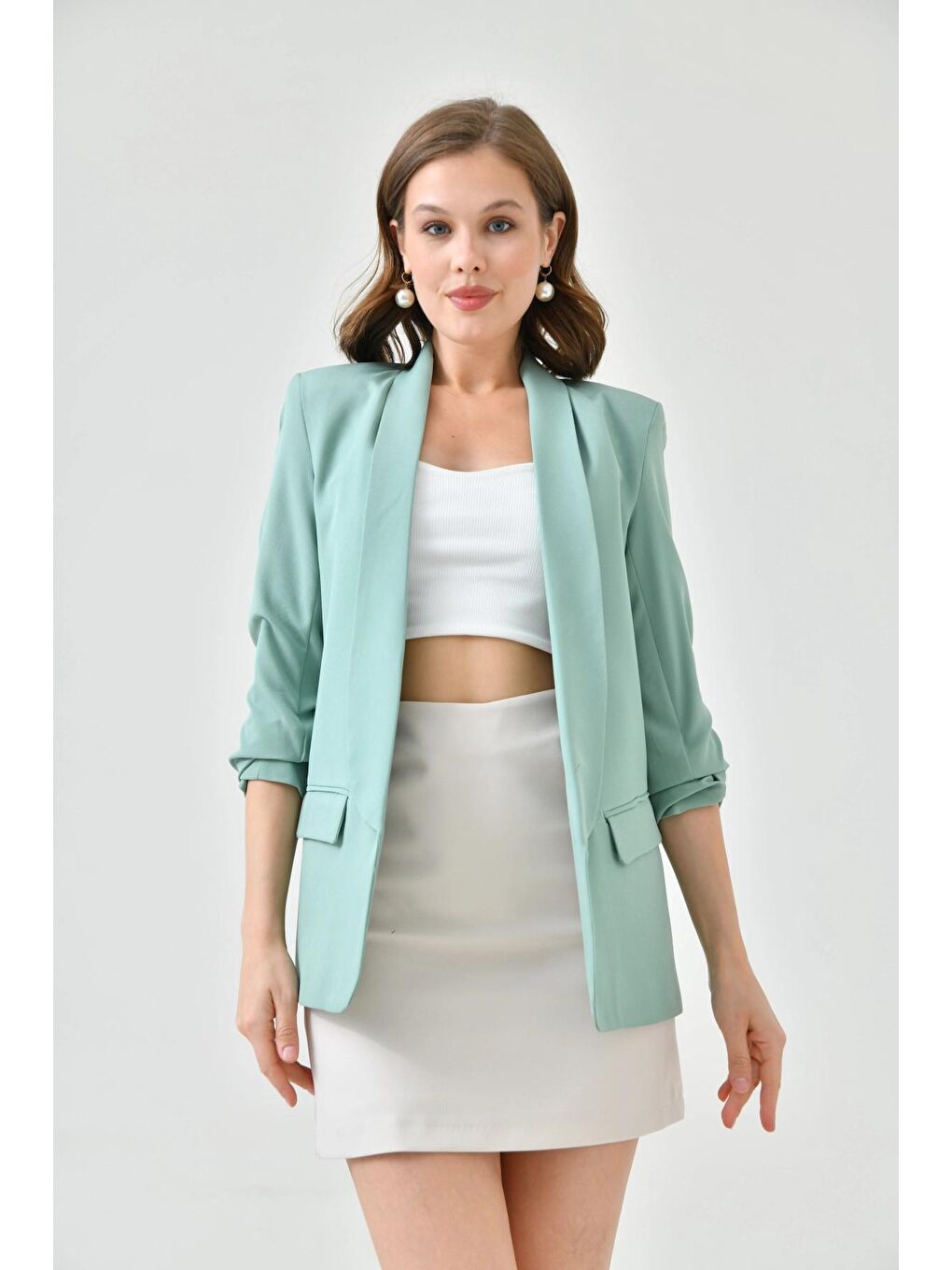Turkuaz Kadın Mint Kol Büzgülü Blazer Ceket-1