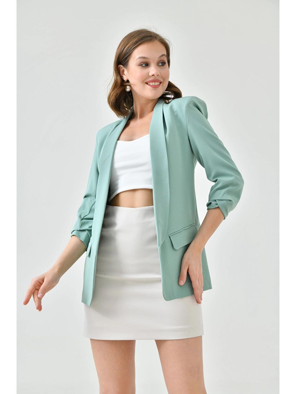 Turkuaz Kadın Mint Kol Büzgülü Blazer Ceket-2