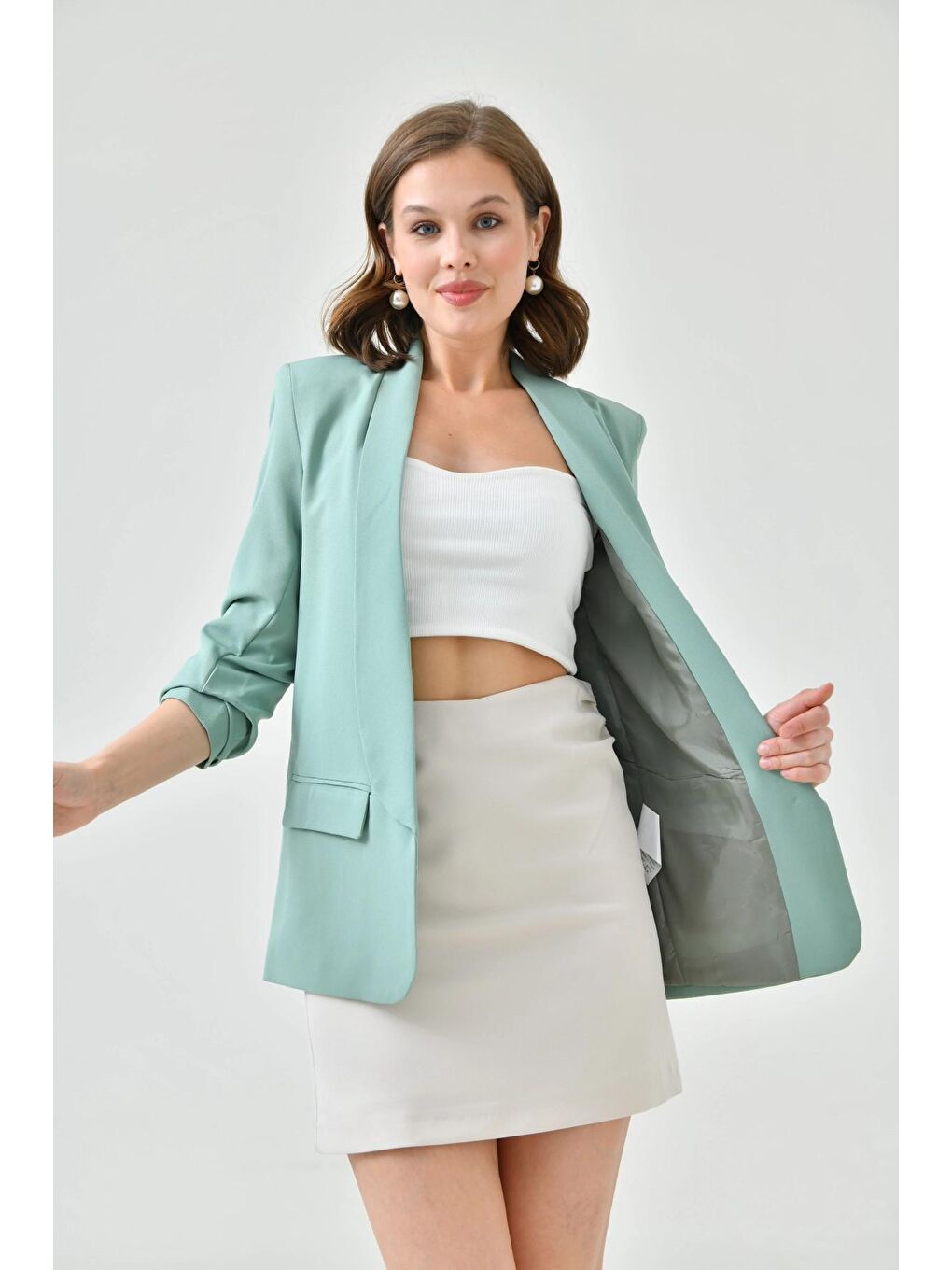Turkuaz Kadın Mint Kol Büzgülü Blazer Ceket-3