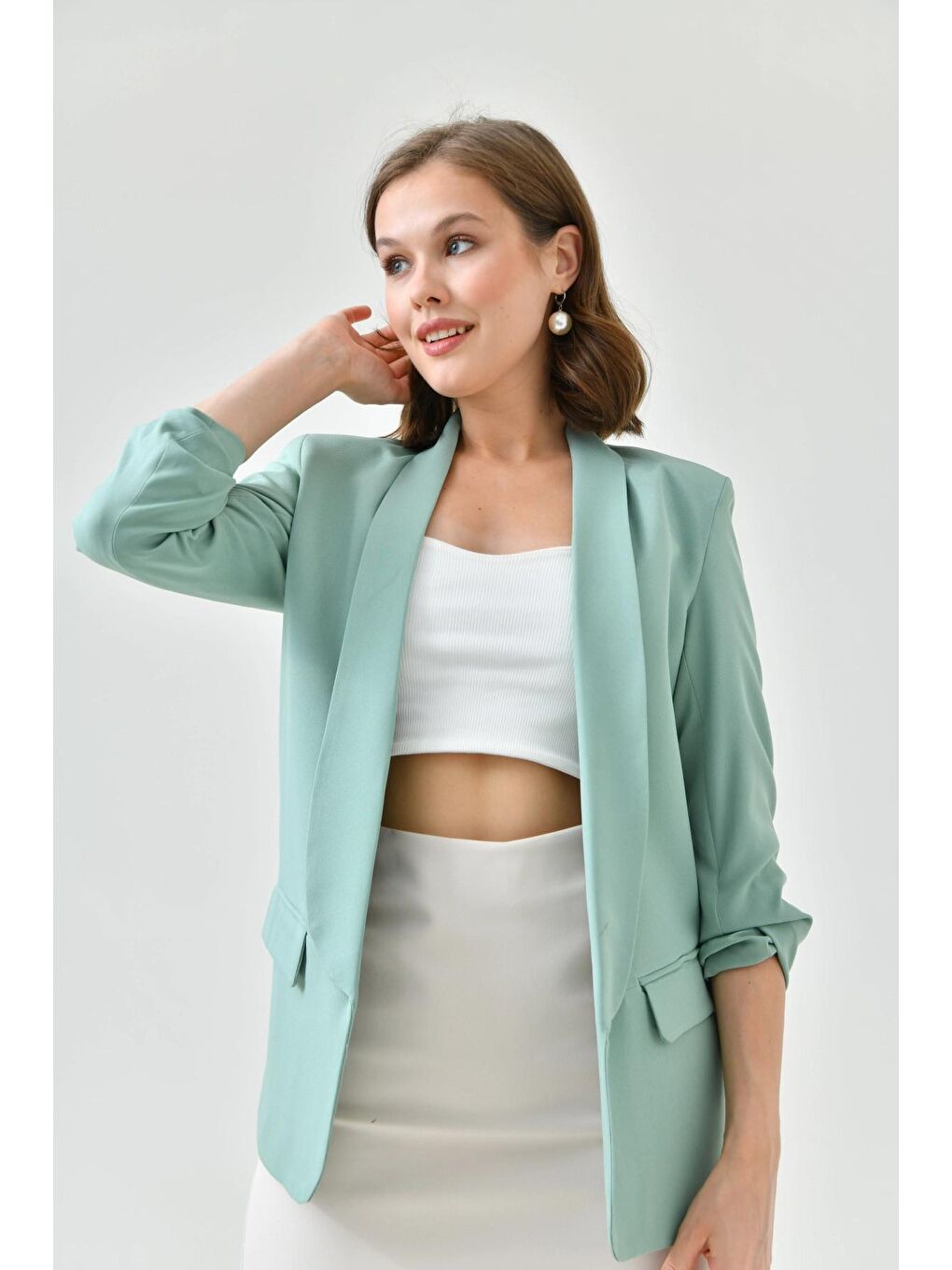 Turkuaz Kadın Mint Kol Büzgülü Blazer Ceket-4