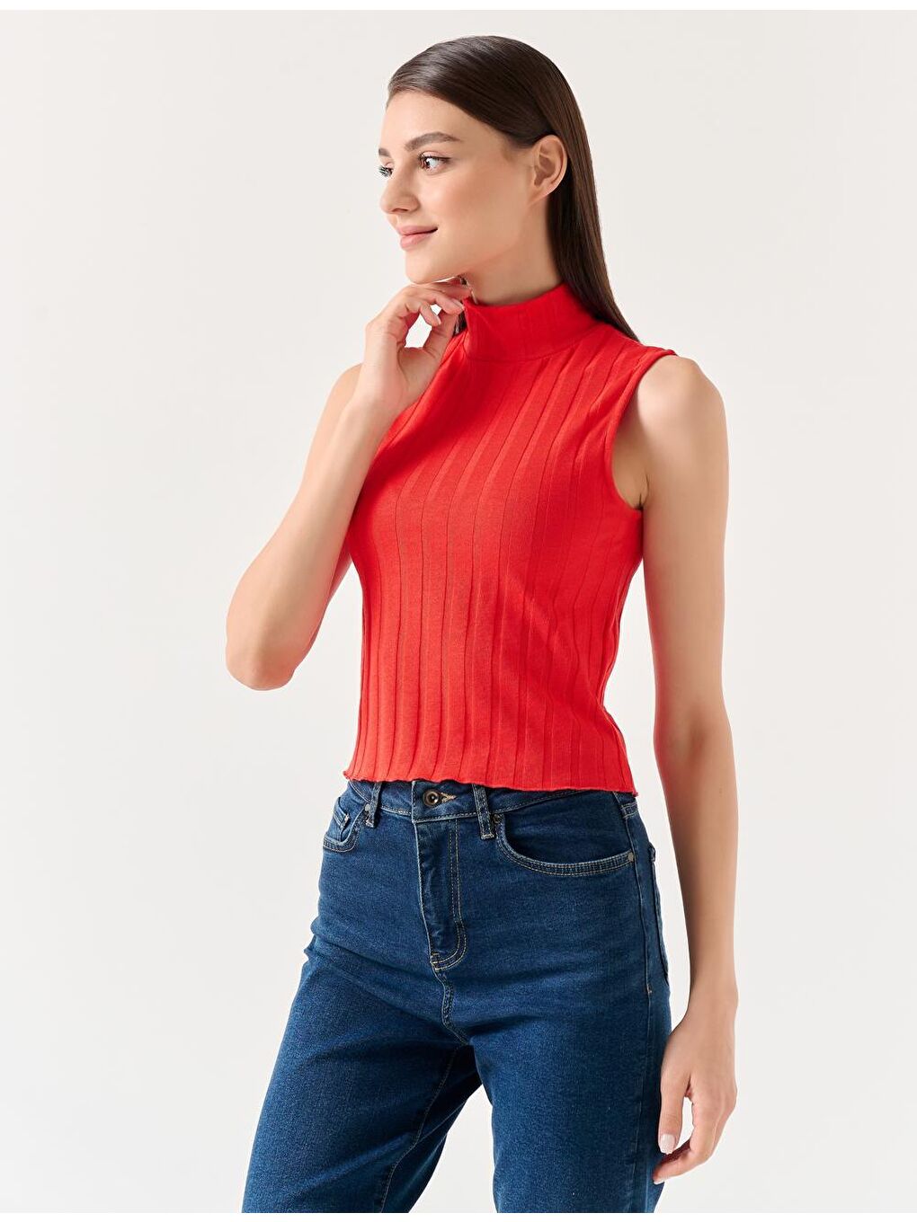 Turuncu Dar Kesim Balıkçı Yaka Kolsuz Örme Bluz-1