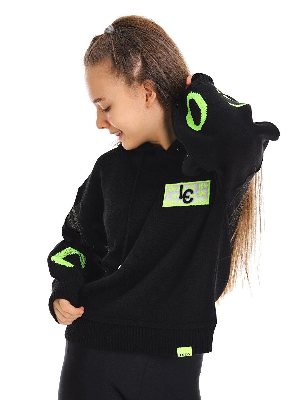 Siyah Kız Çocuk Yazı Nakışlı Yün Örme Triko Sweatshirt 14186-2