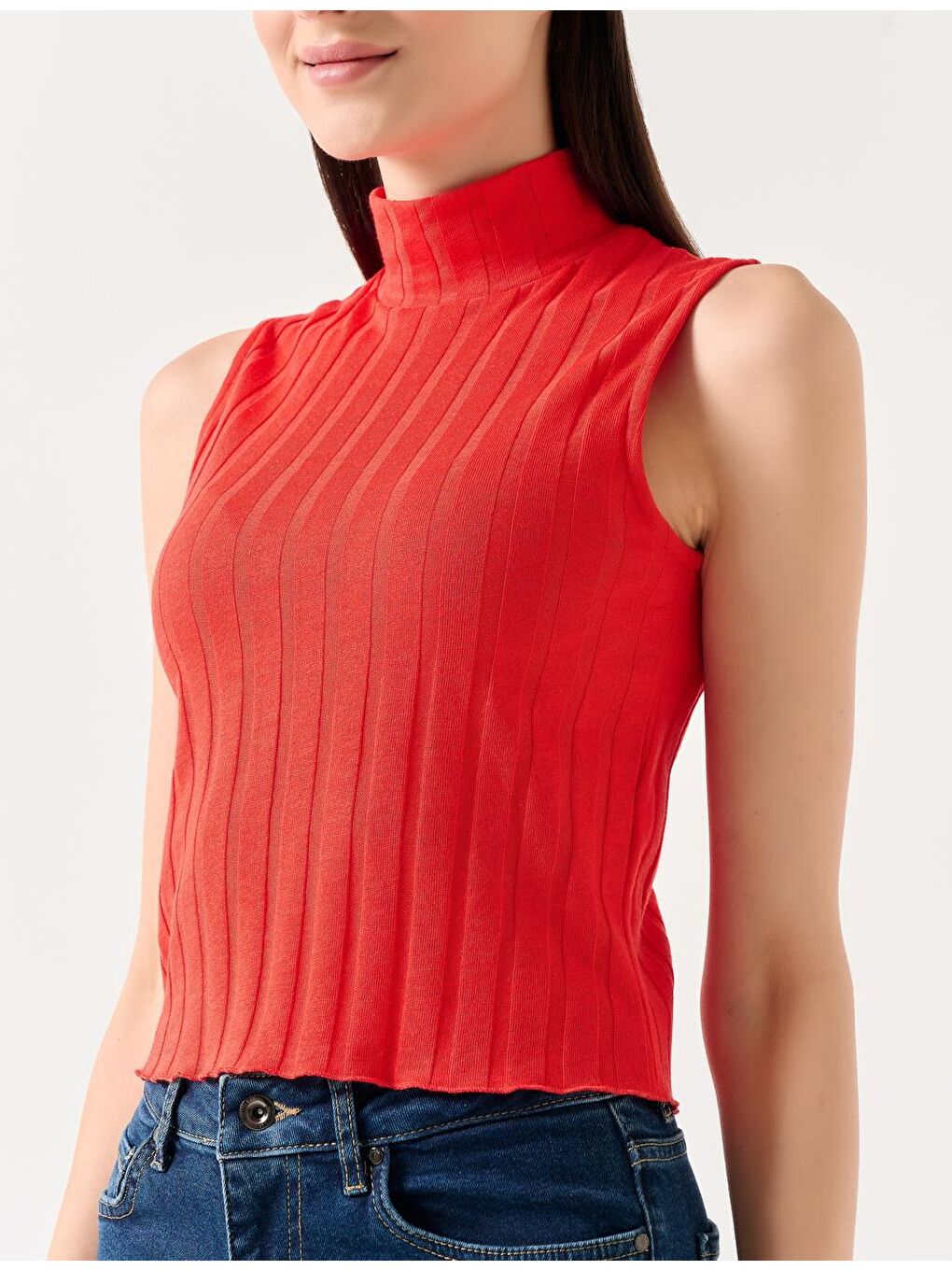 Turuncu Dar Kesim Balıkçı Yaka Kolsuz Örme Bluz-2